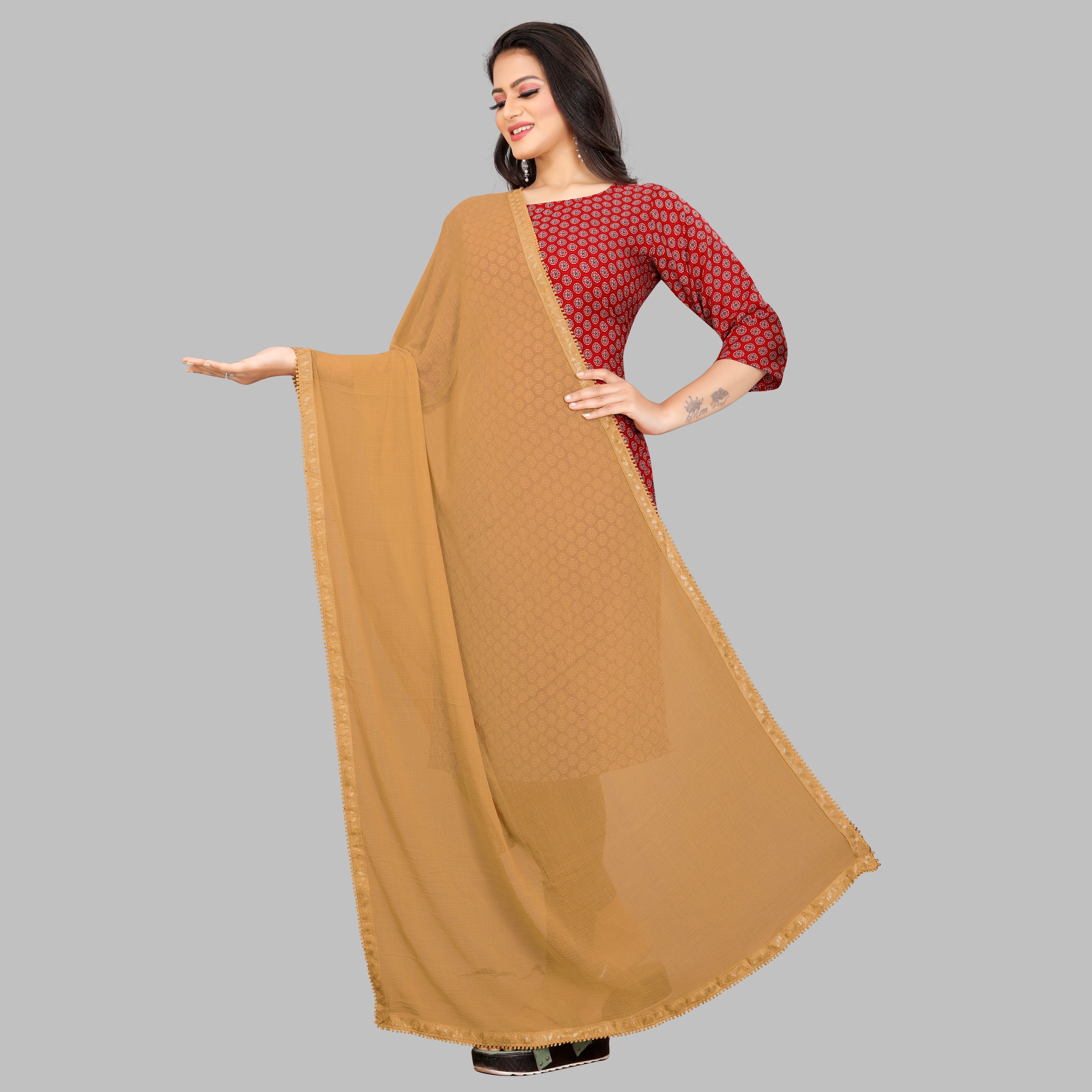 EBADAT Pure  Golden Chiffon Dupatta With Golden Border Lace