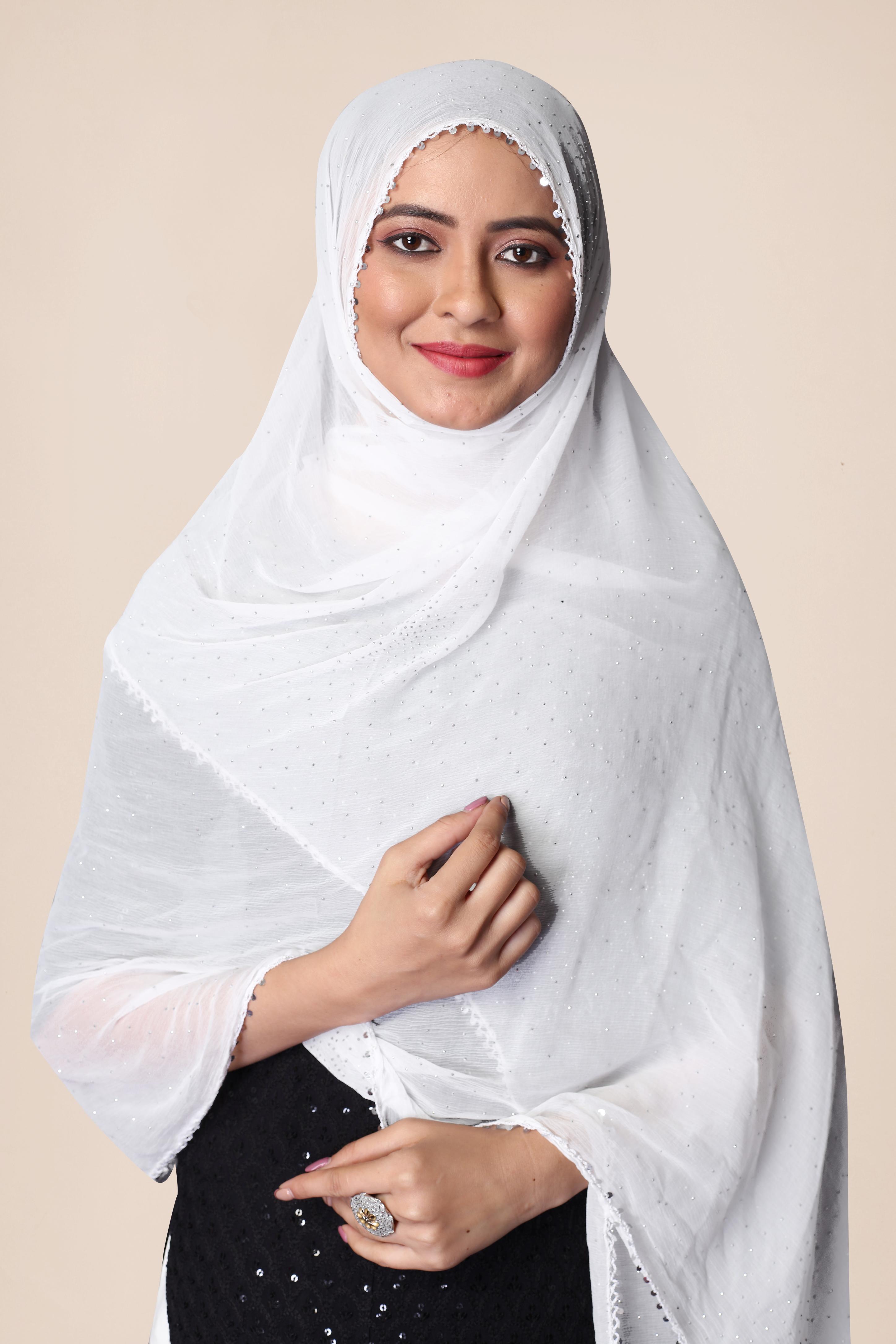 Elegant White Chiffon Dupatta | Subtle Sparkle Hijab for Spiritual & Daily Wear