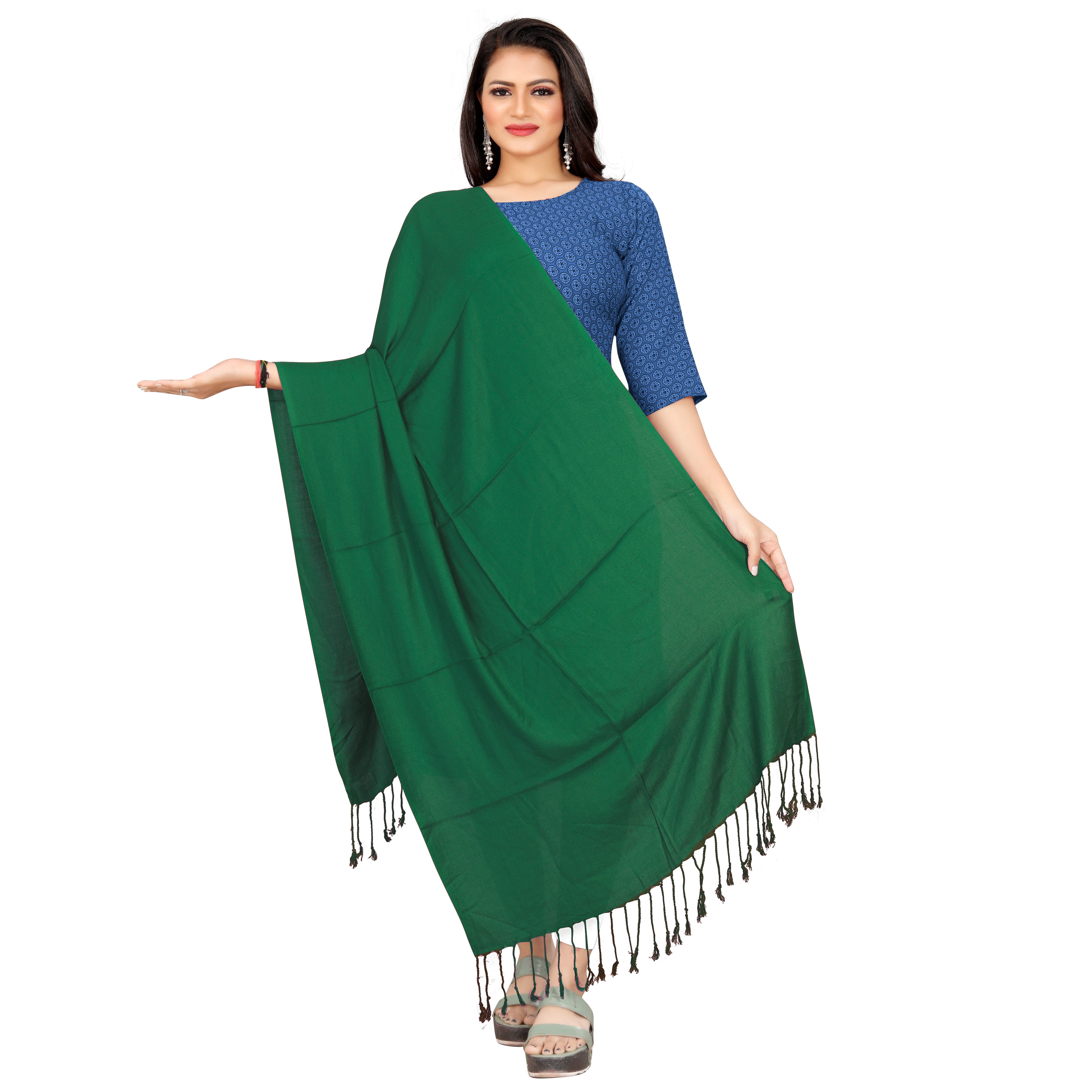 EBADAT Plain Pashmina Green Stole For Women and Girls