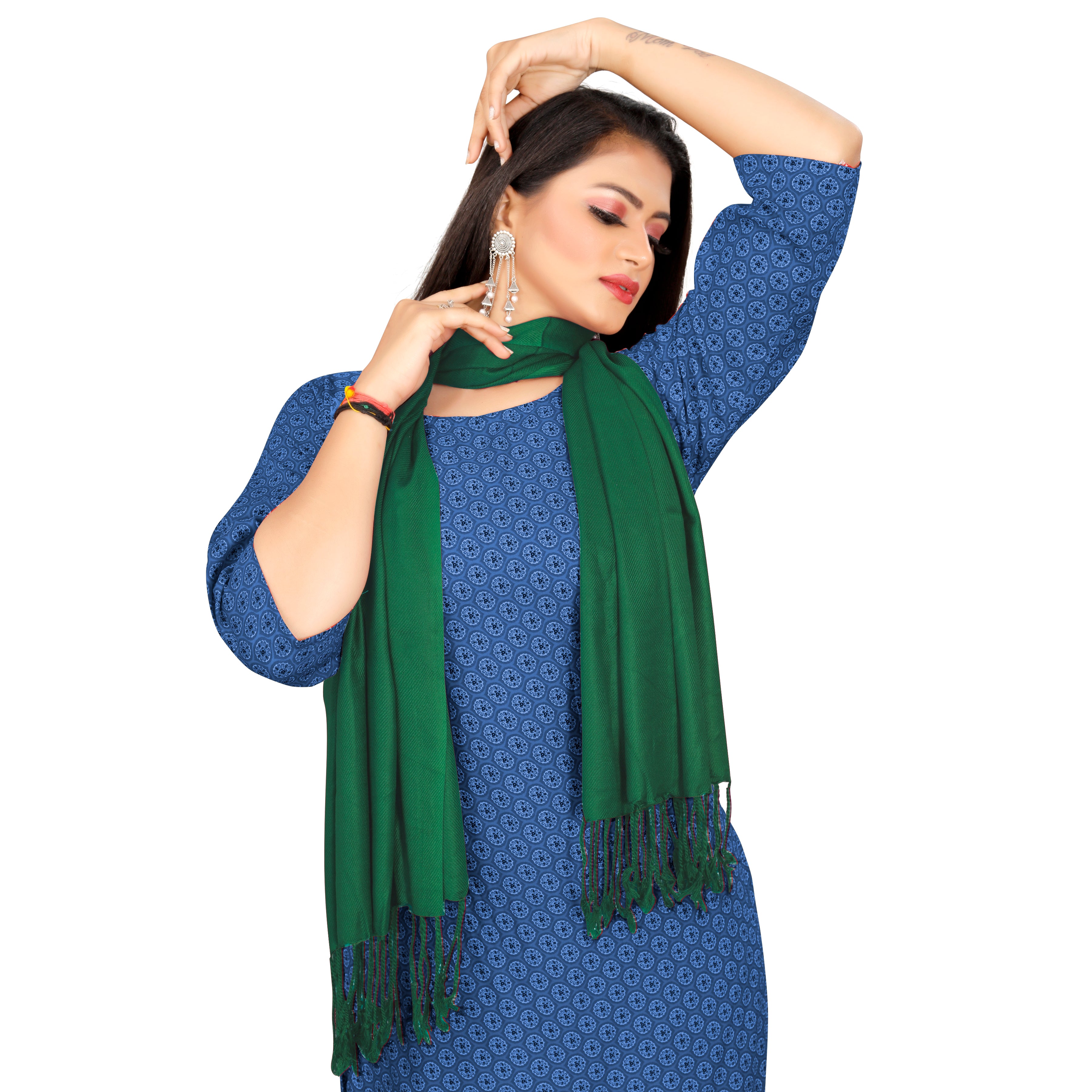 EBADAT Plain Pashmina Green Stole For Women and Girls