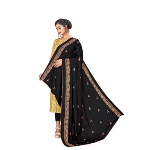 Elegant Full-Length Black Hijab with Traditional Embroidered Border