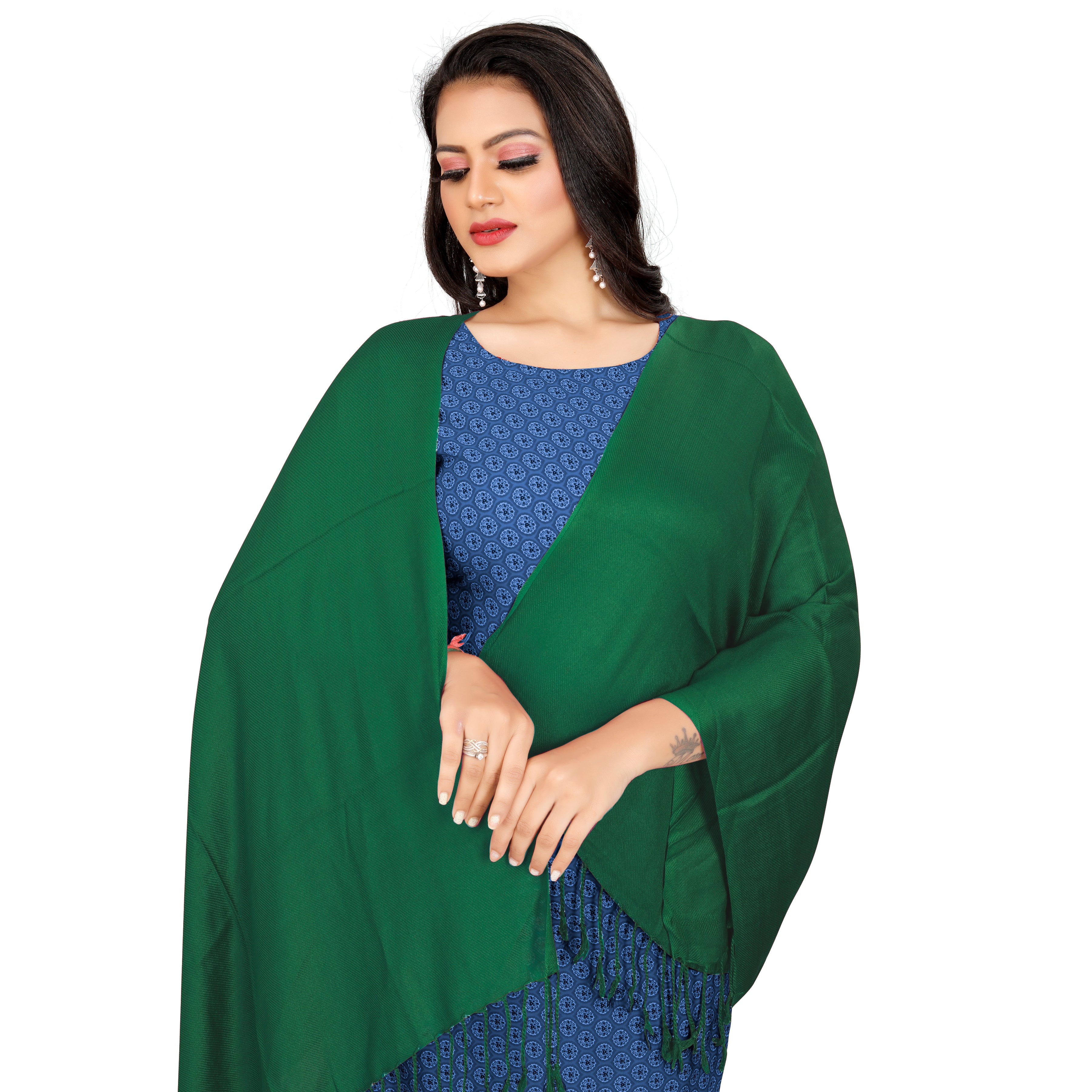 EBADAT Plain Pashmina Green Stole For Women and Girls