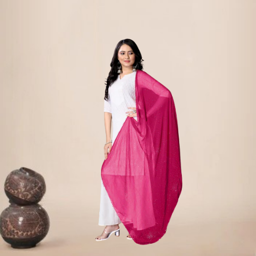 Rani Pink Glitter Chiffon Dupatta | Festive Hijab for Statement Style