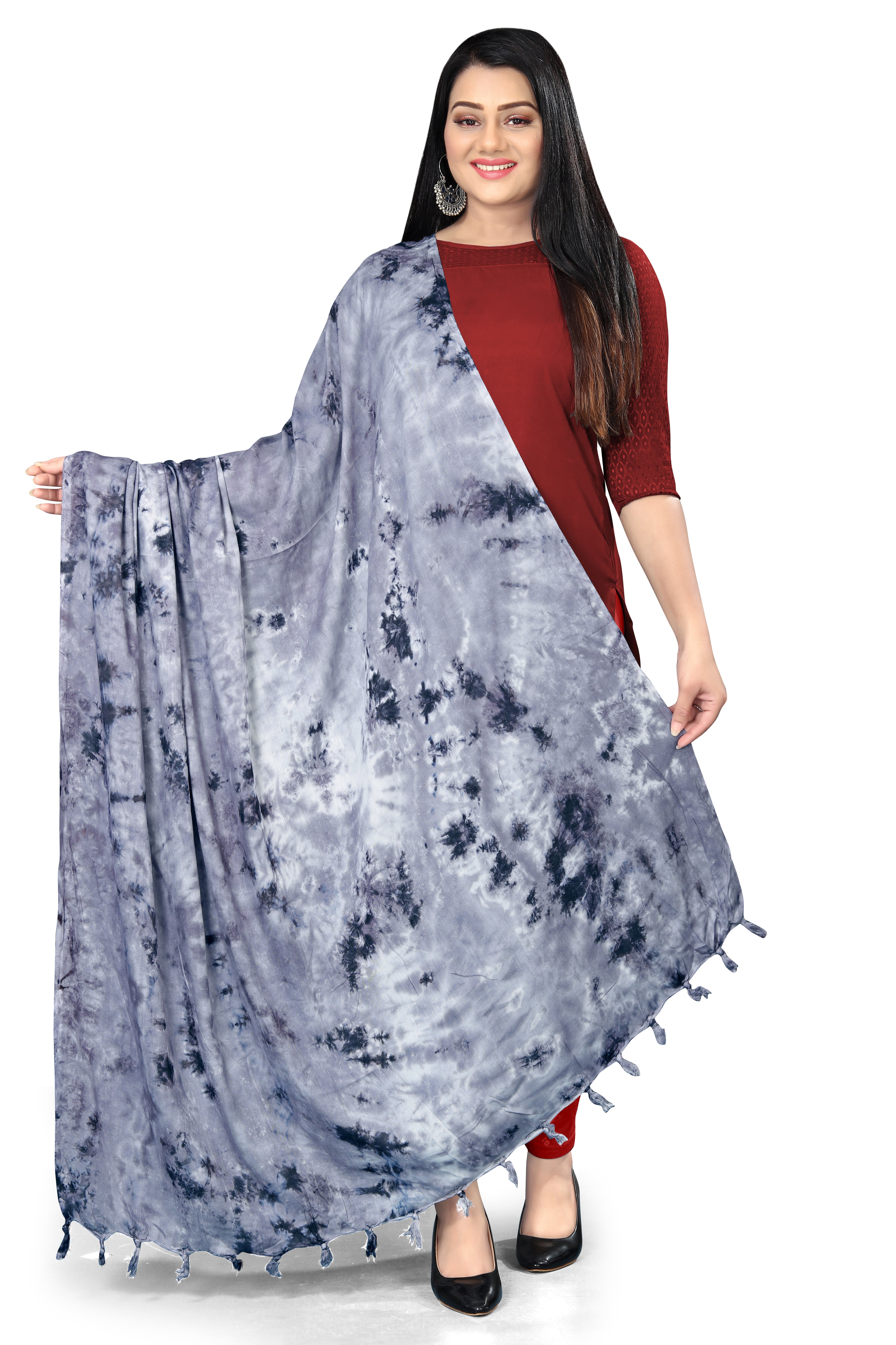 “Rust Reverie” Hand-Dyed Cotton Dupatta with Tassel Gray Detailing