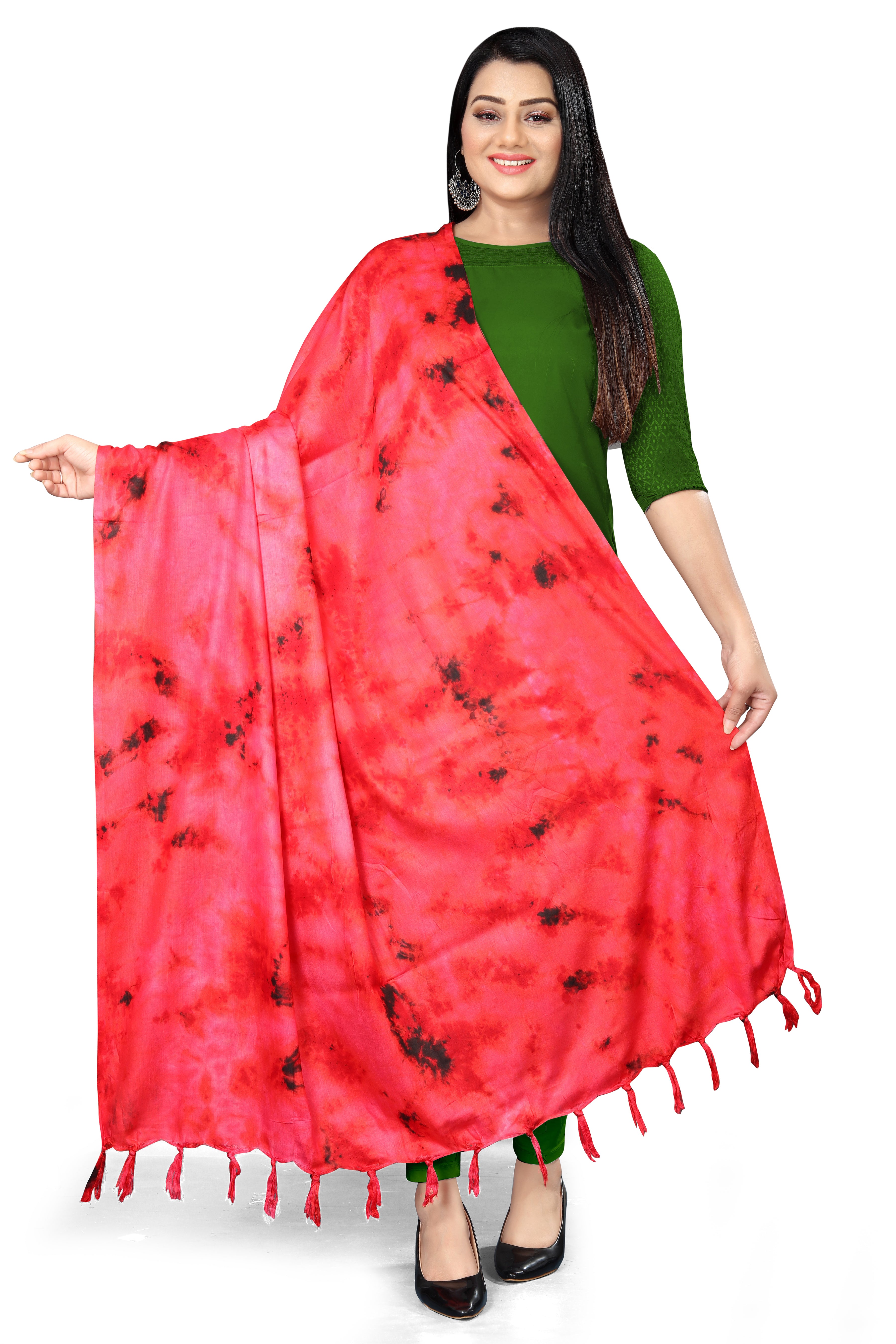 “Scarlet Flame” Crimson & Charcoal Tie-Dye Cotton Red Dupatta