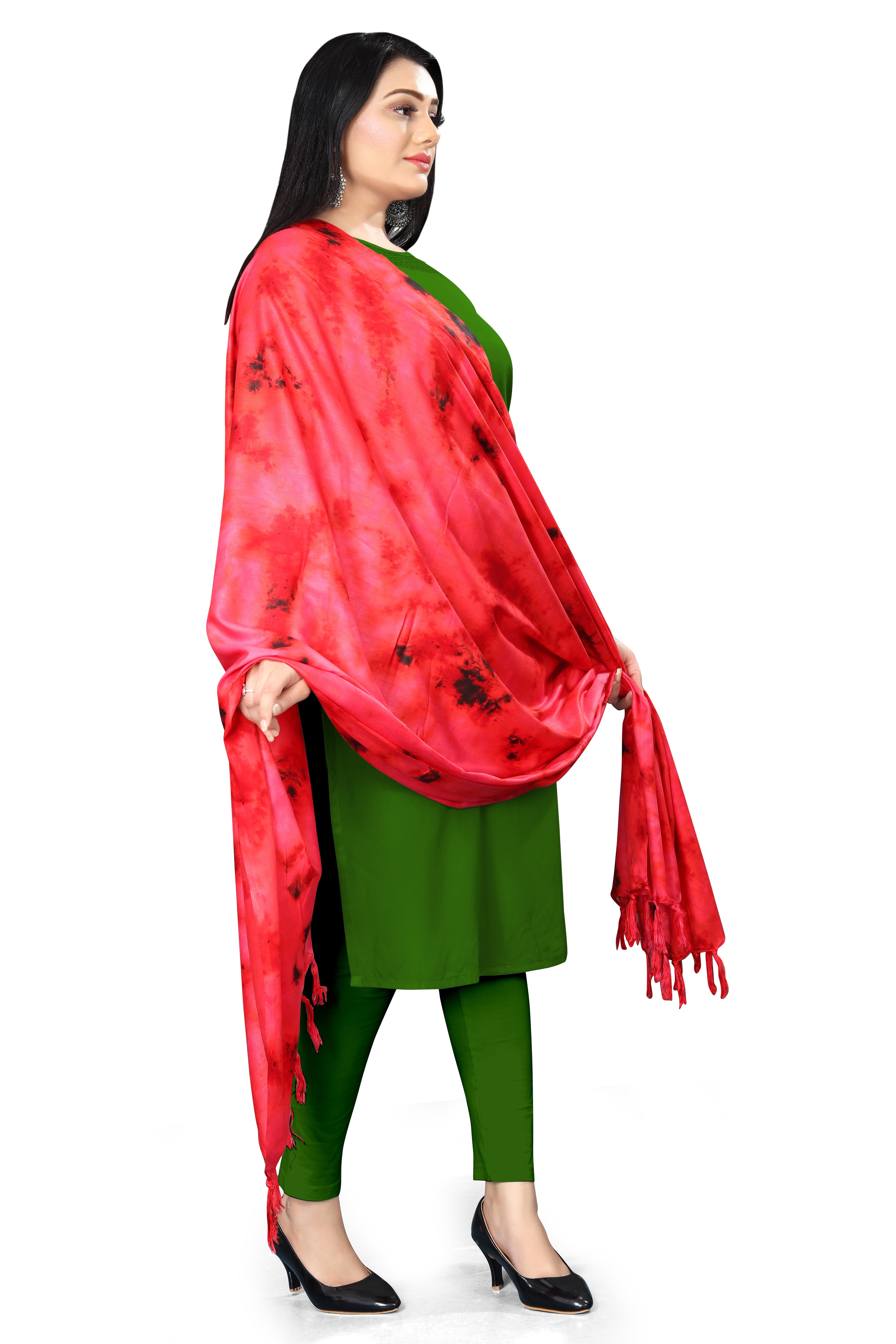 “Scarlet Flame” Crimson & Charcoal Tie-Dye Cotton Red Dupatta