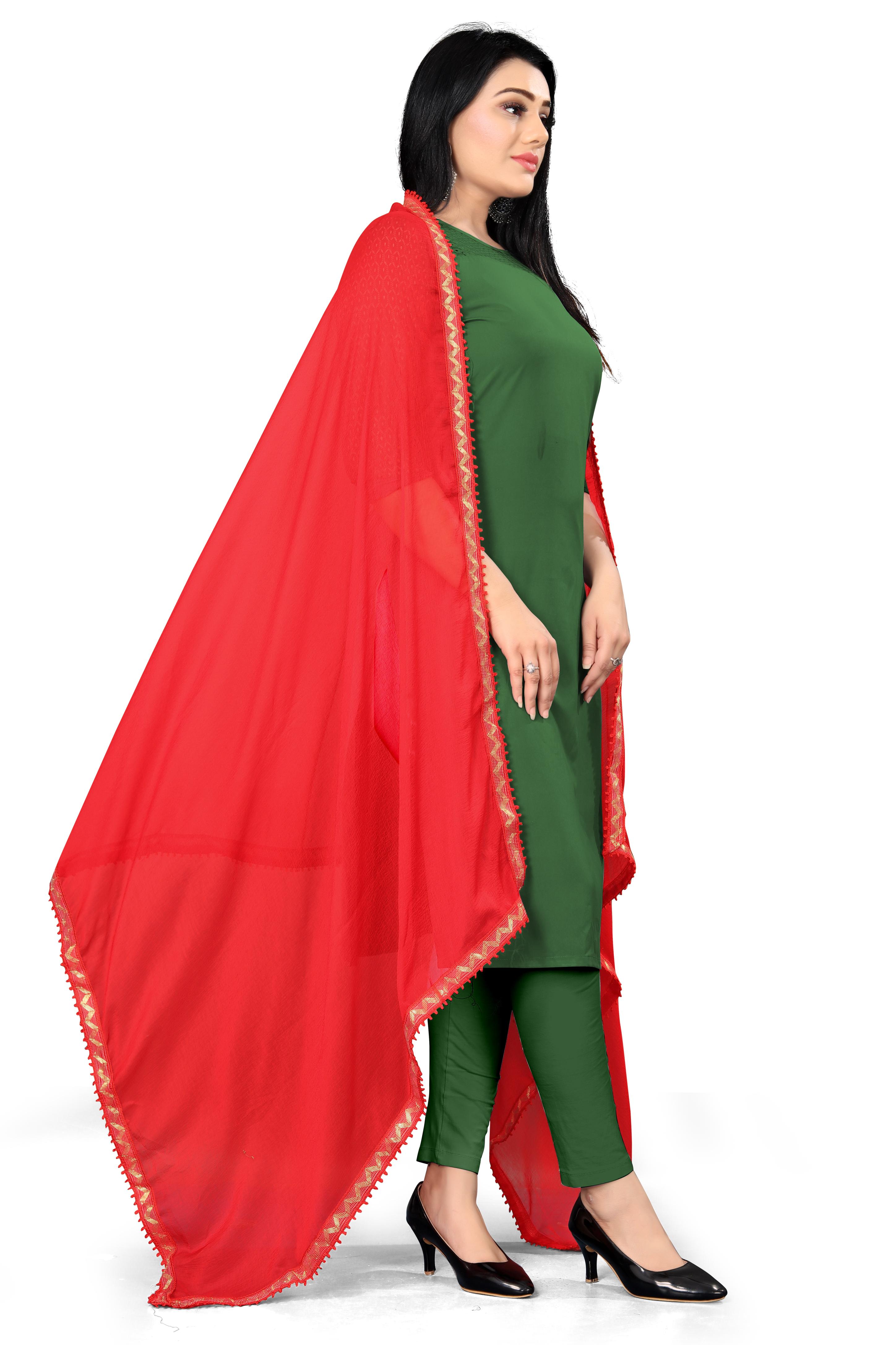 EBADAT Pure Chiffon Dupatta With Golden Border Lace (Red)