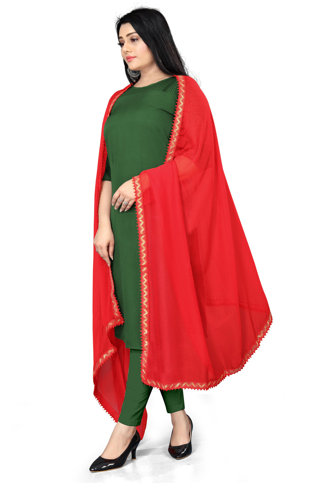 EBADAT Pure Chiffon Dupatta With Golden Border Lace (Red)