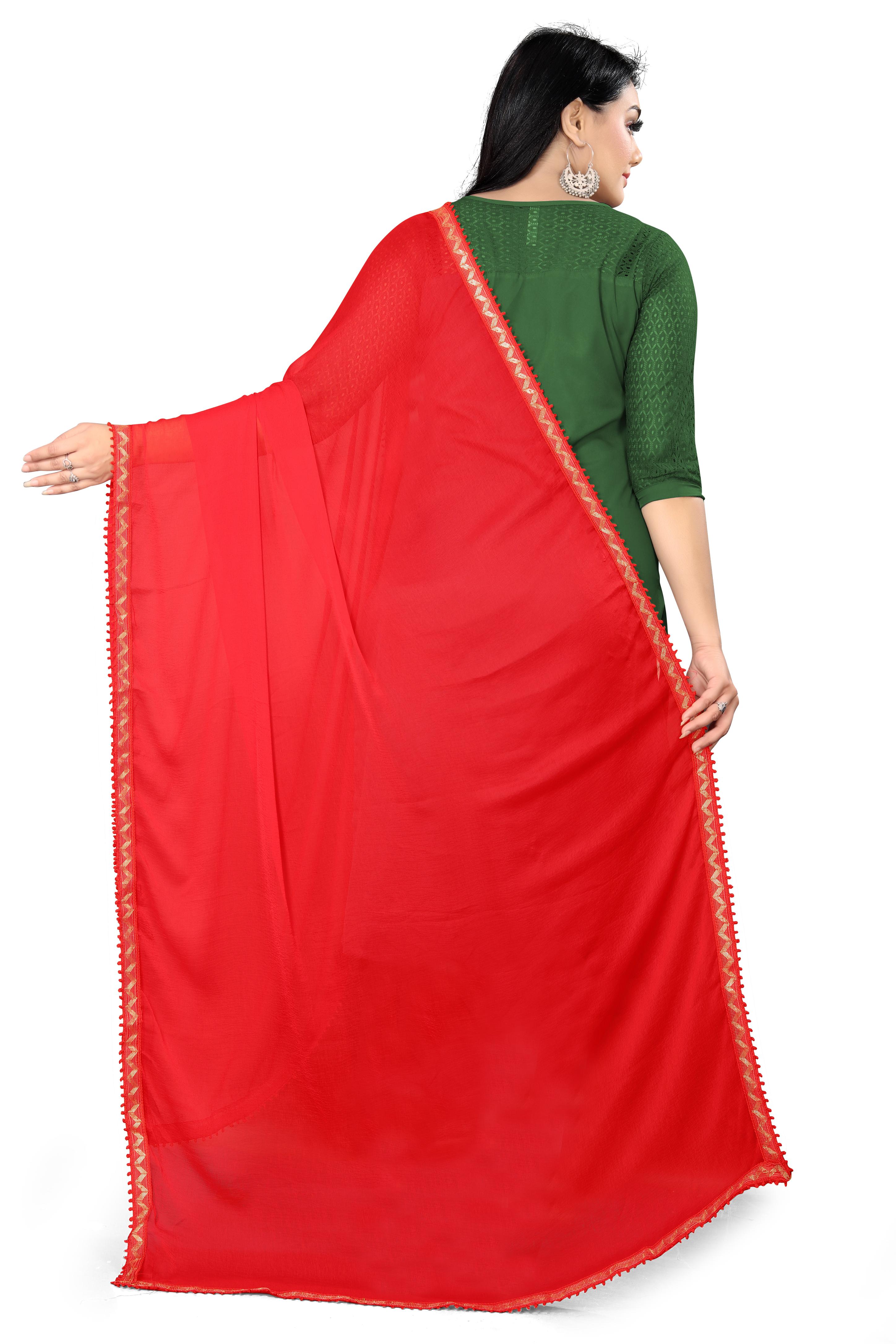 EBADAT Pure Chiffon Dupatta With Golden Border Lace (Red)