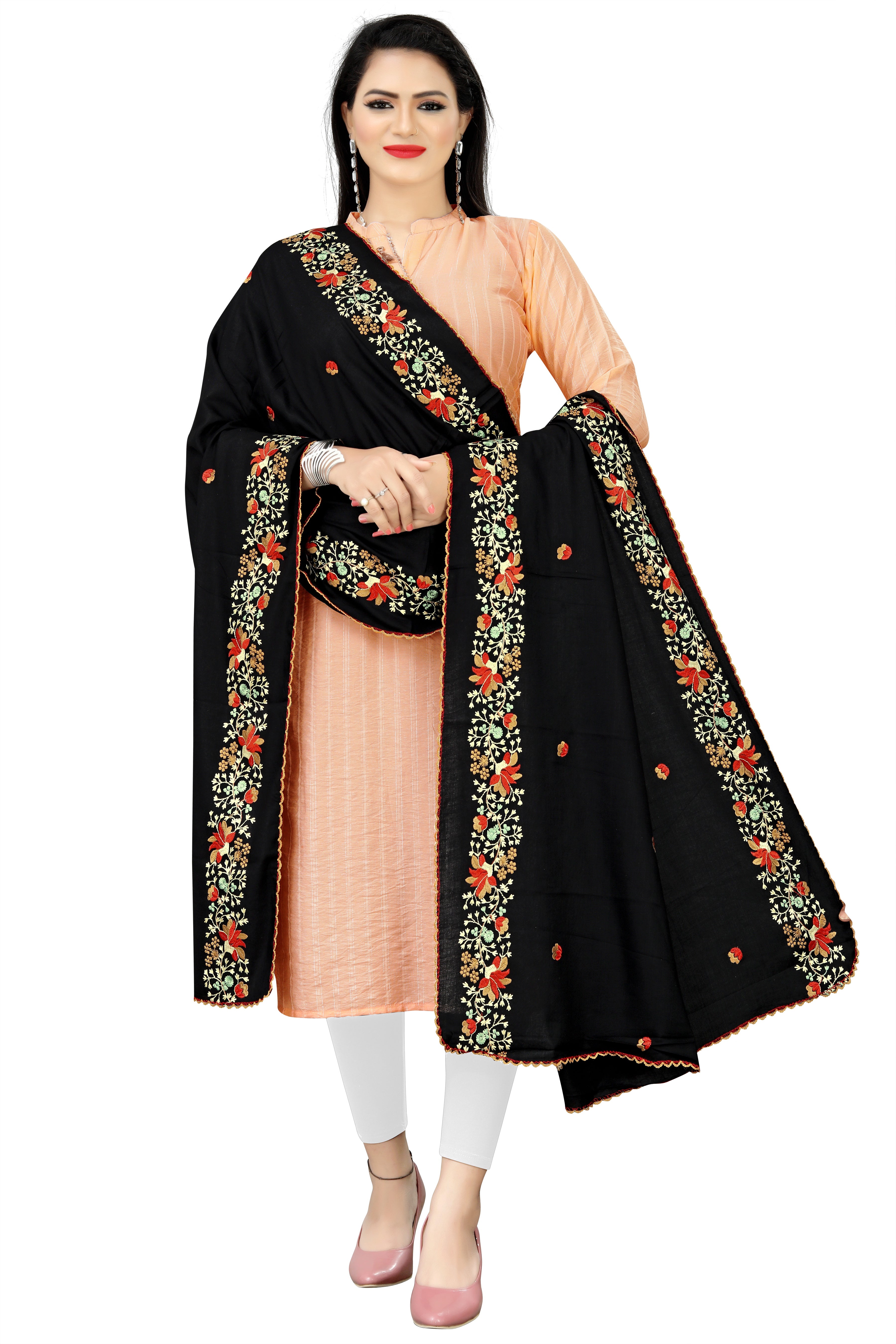 Black Hijab with Multi-Color Floral Embroidered Borders