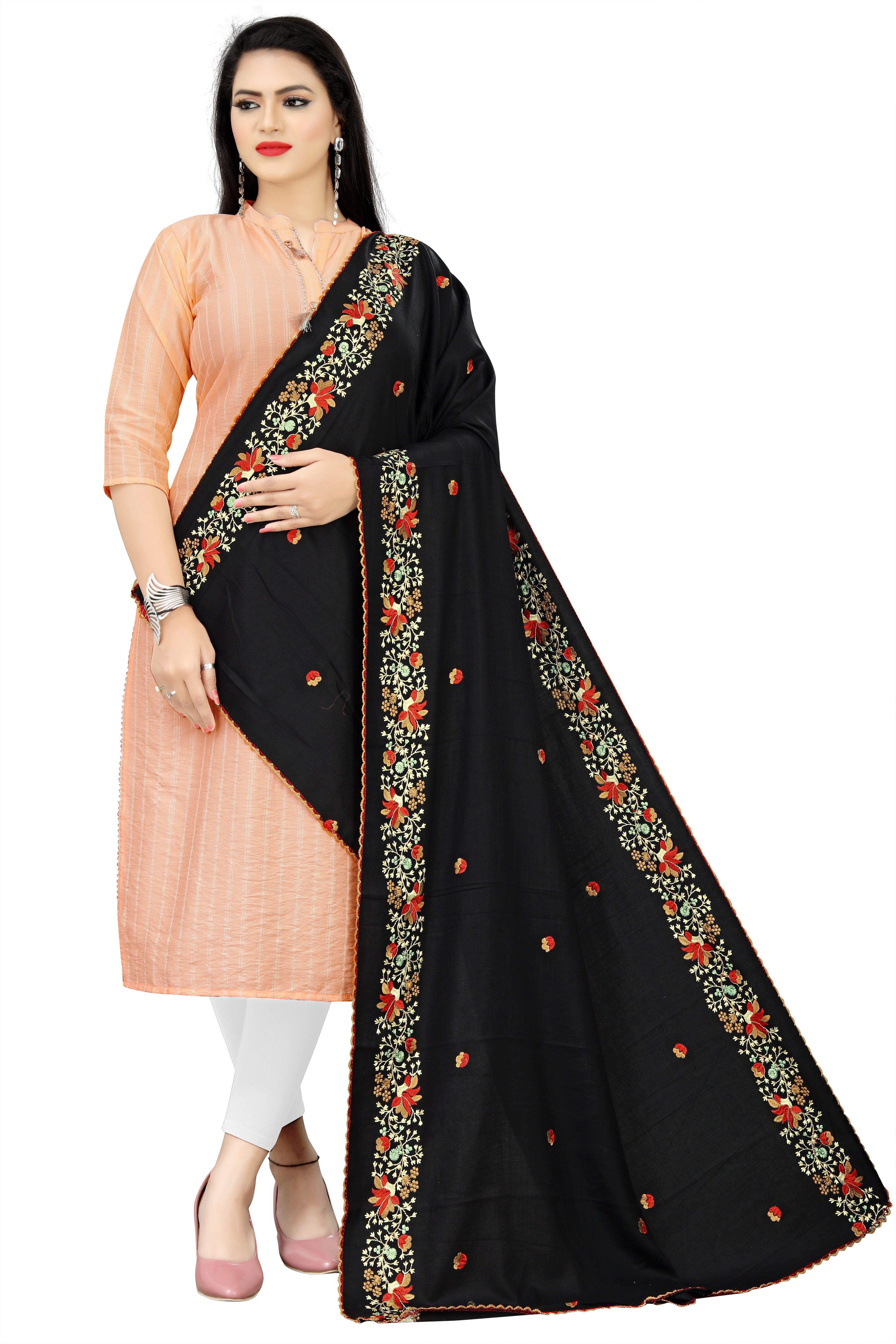 Black Hijab with Multi-Color Floral Embroidered Borders