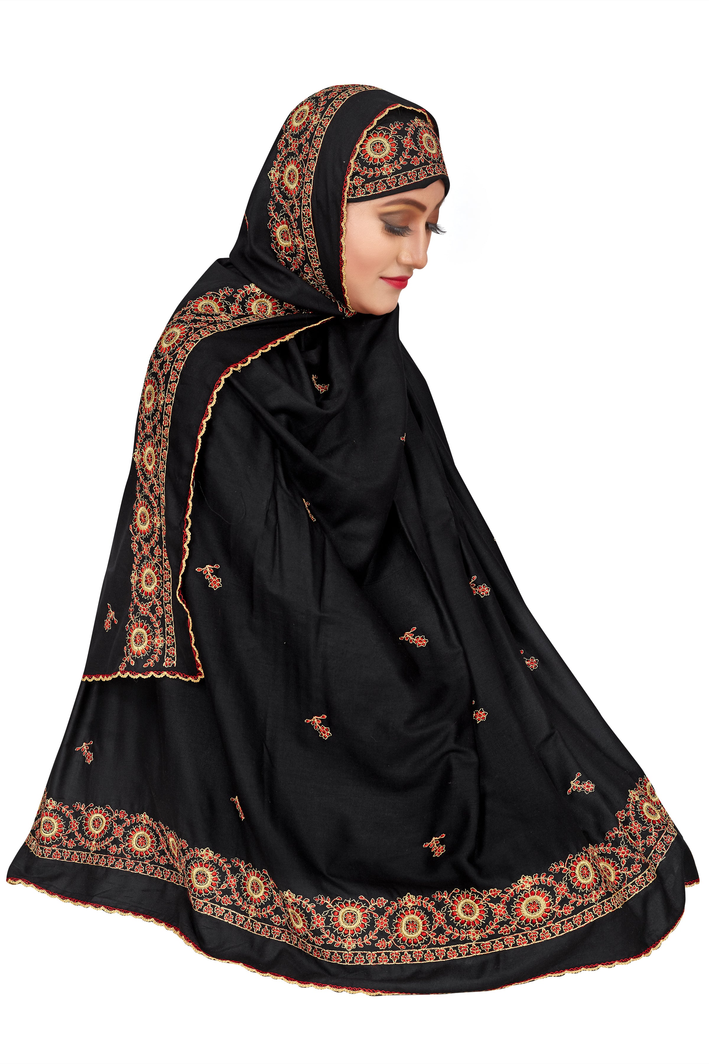 Premium Black Hijab with Designer Round Border Embroidery