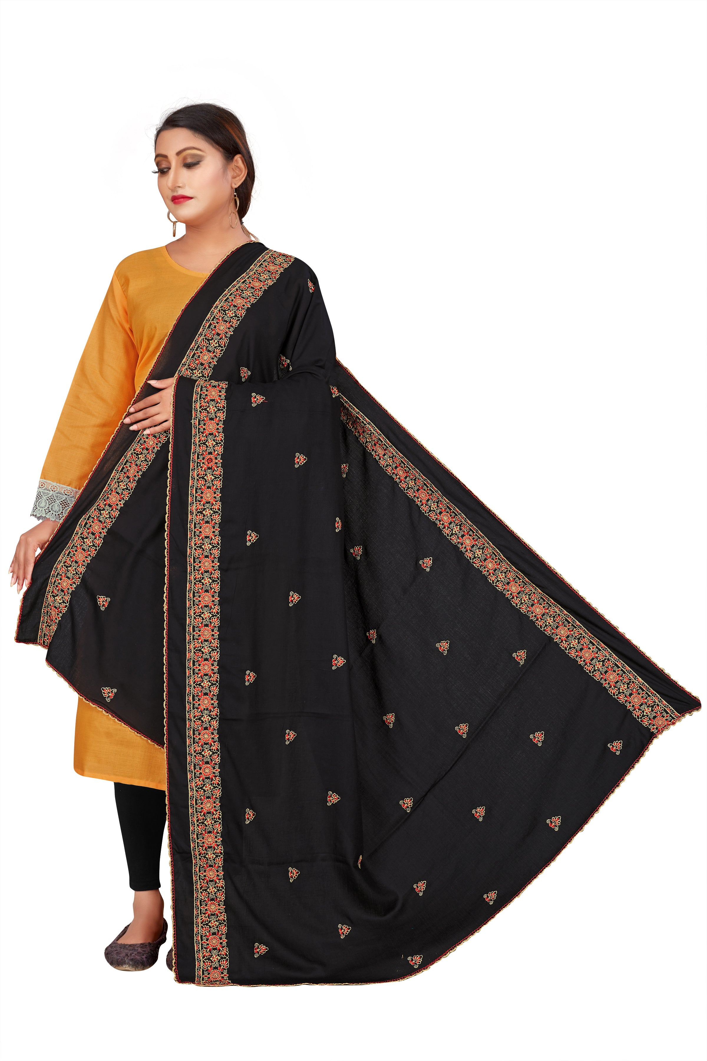 Classic Black Hijab with Red-Gold Thread Embroidered Border