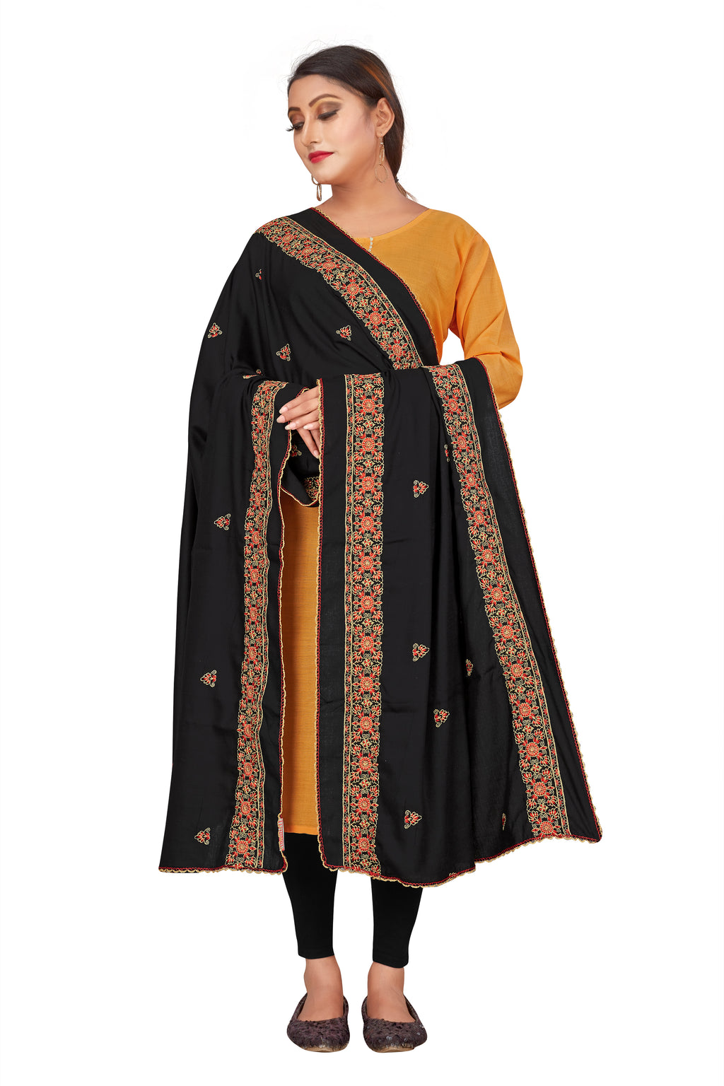 Classic Black Hijab with Red-Gold Thread Embroidered Border