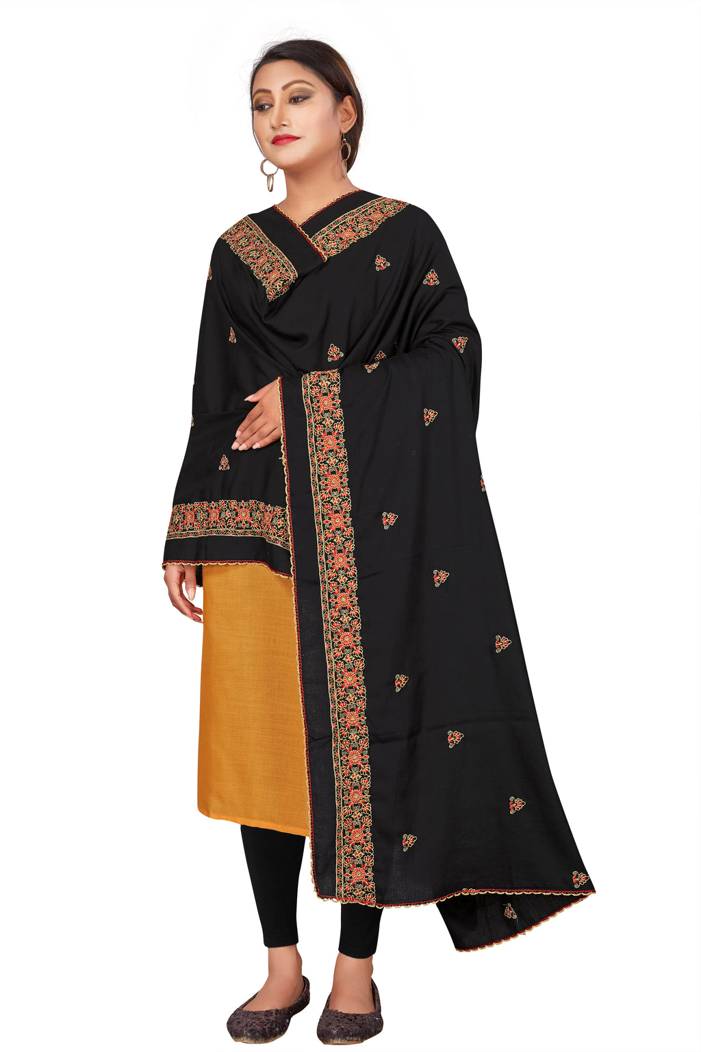 Classic Black Hijab with Red-Gold Thread Embroidered Border