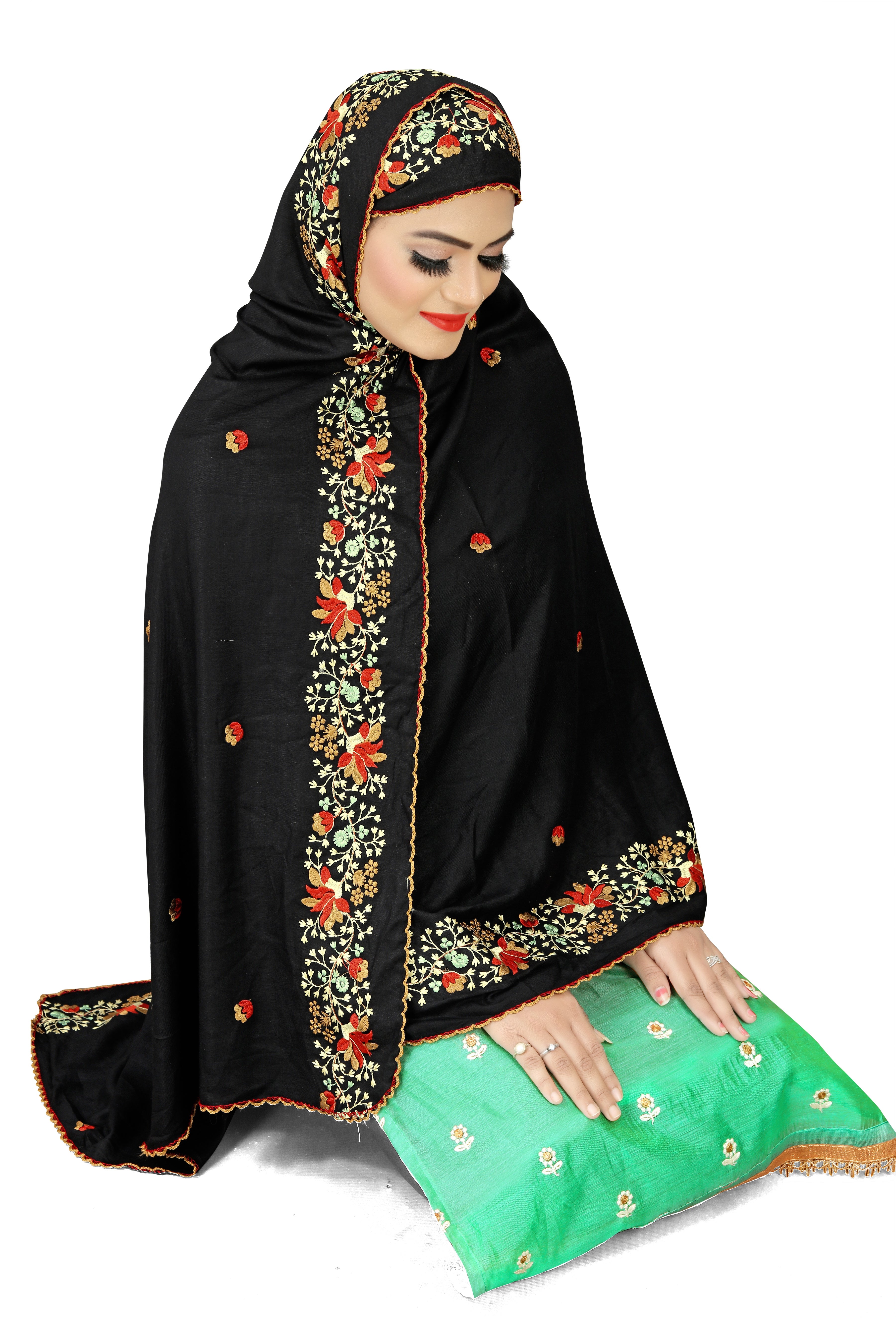 Black Hijab with Multi-Color Floral Embroidered Borders