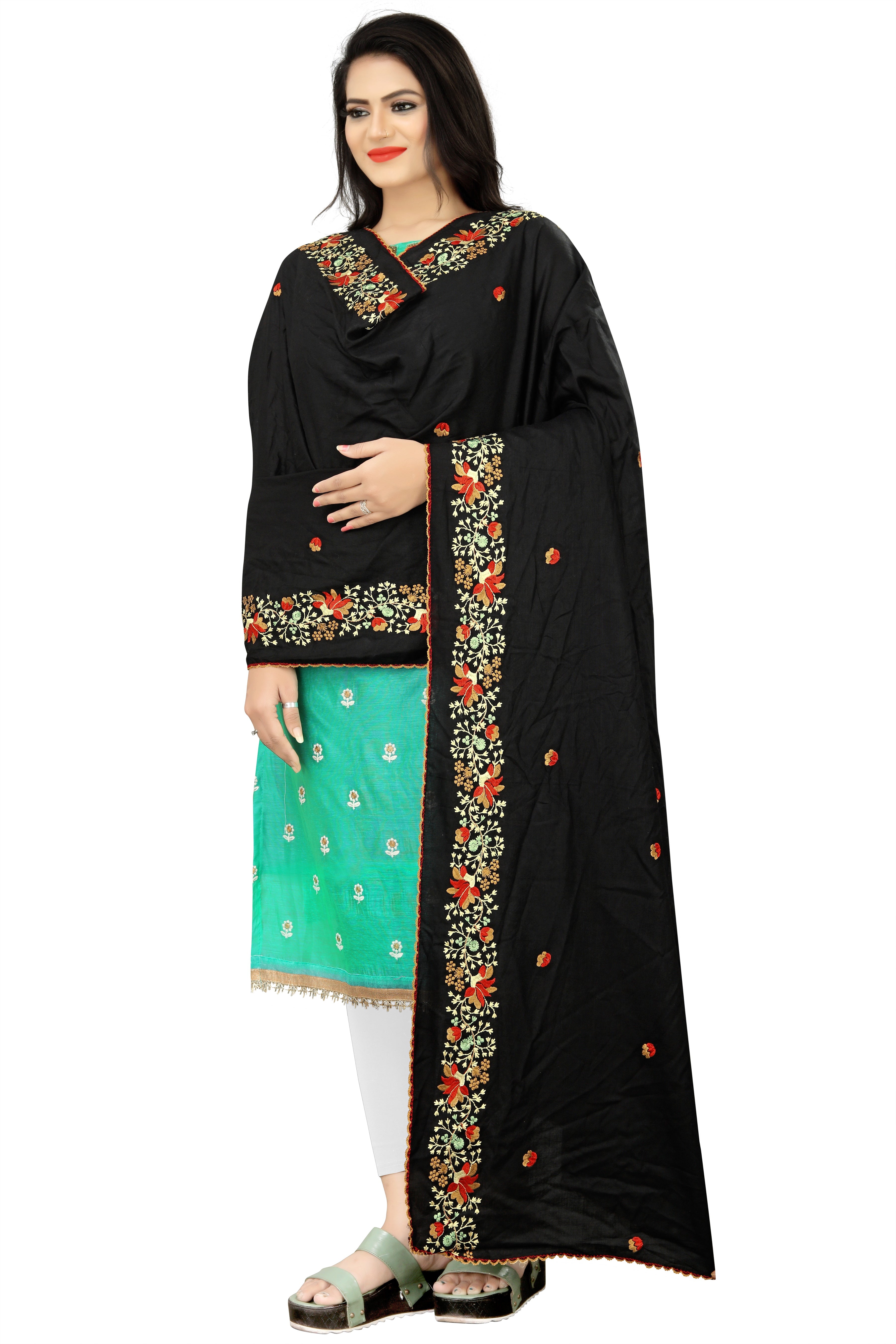 Black Hijab with Multi-Color Floral Embroidered Borders