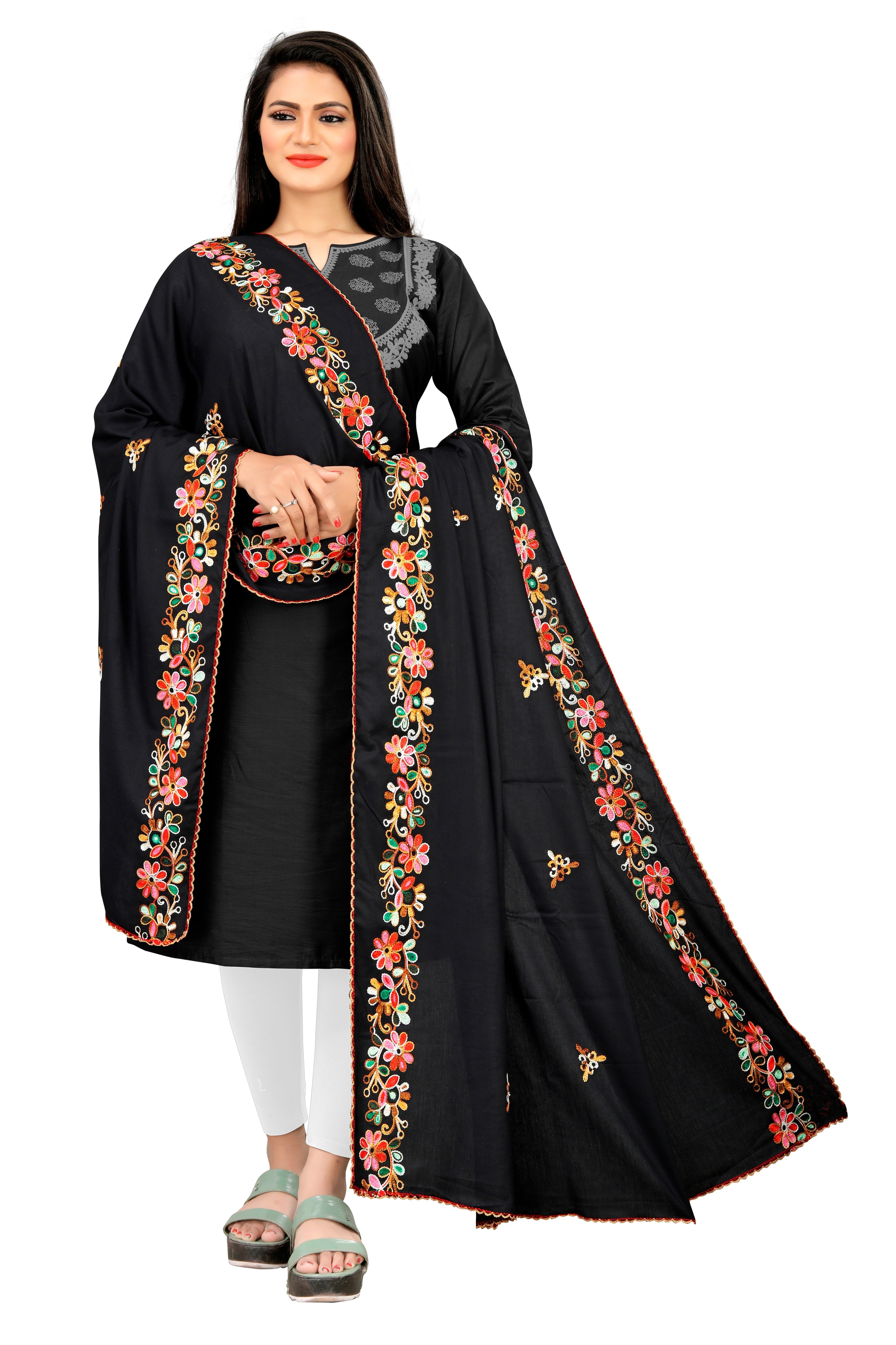Black Hijab with Bright Multi-Color Floral Embroidered Border