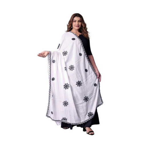 White Cotton Hijab/Dupatta with Black Embroidery | Soft & Sophisticated Look
