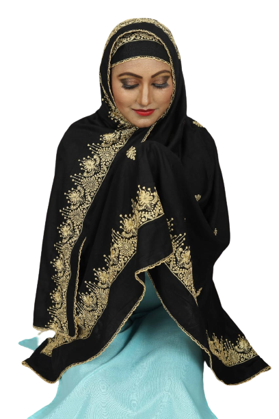Embrace Elegance: Black Rayon Cotton Hijab with Intricate Islamic Embroidery
