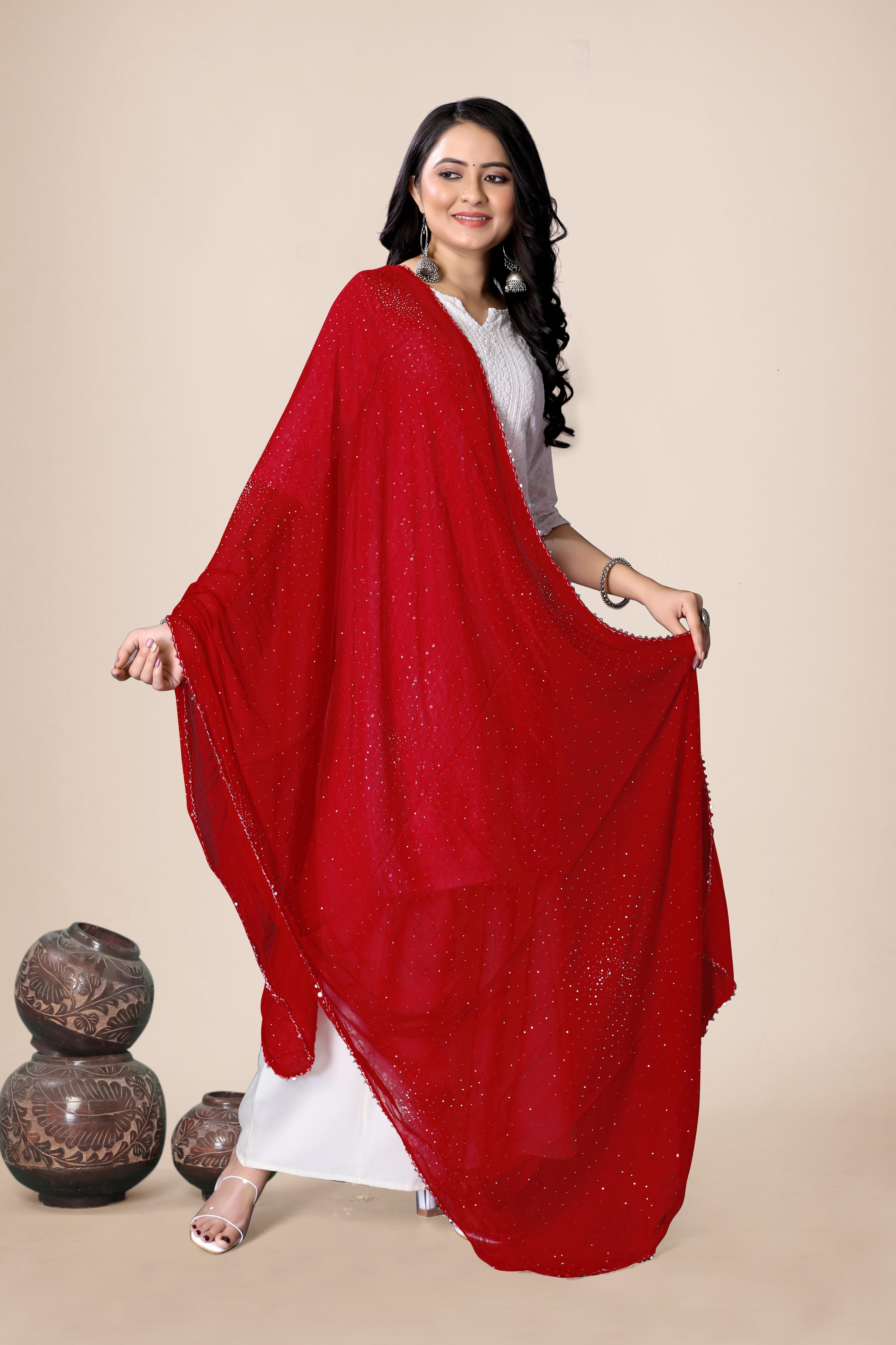 Sparkle Red Premium Chiffon Dupatta | Festive Hijab for Women