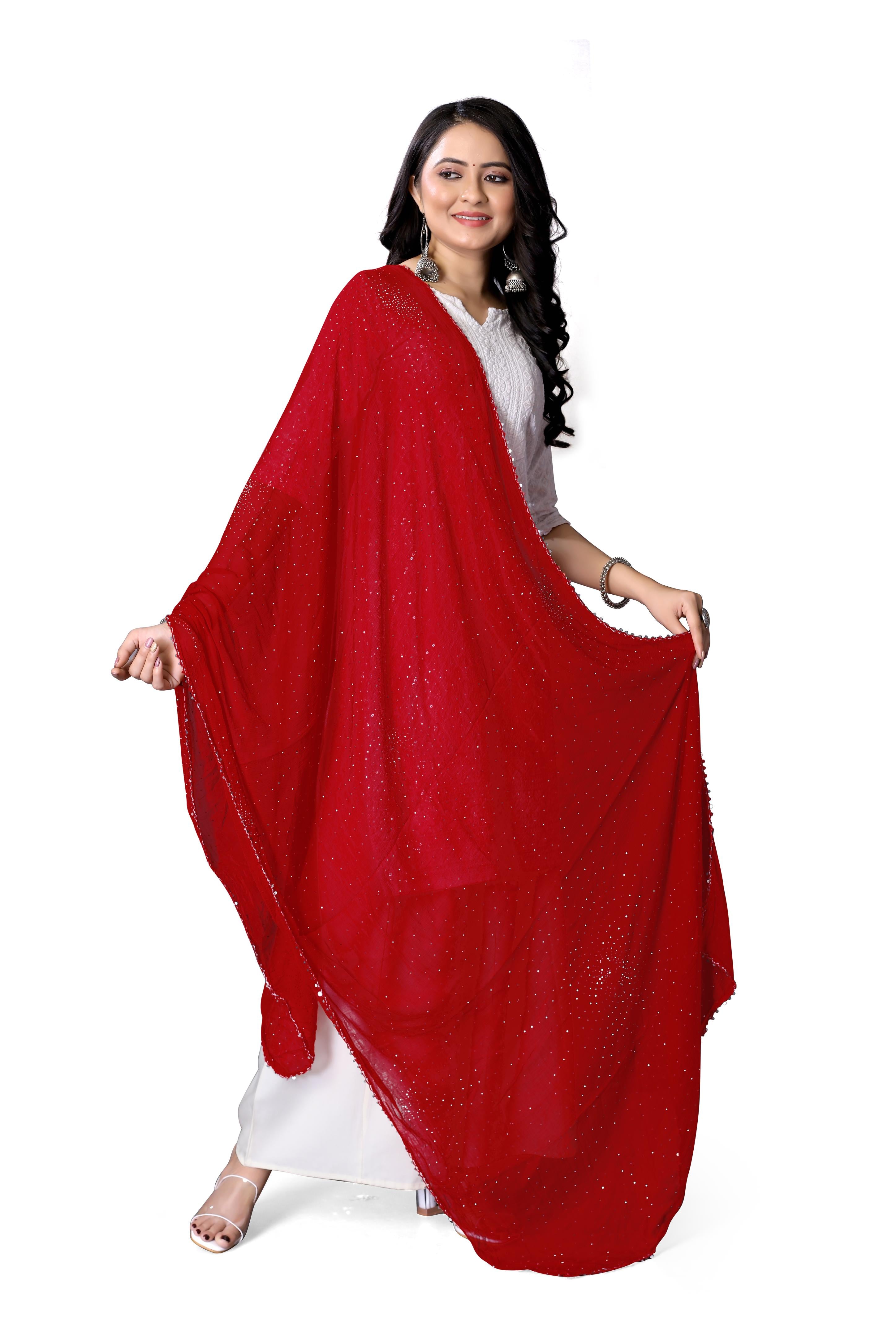 Sparkle Red Premium Chiffon Dupatta | Festive Hijab for Women