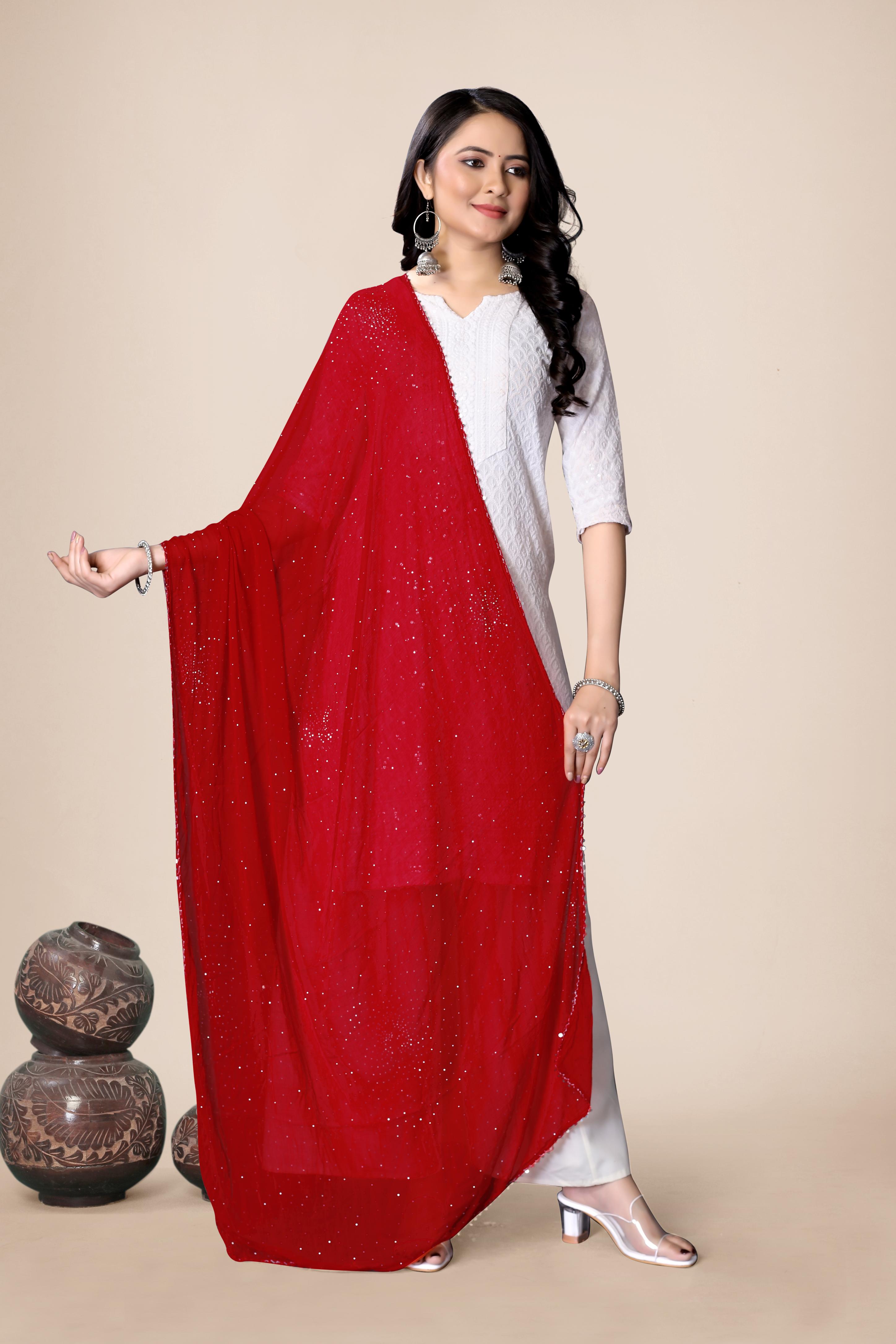 Sparkle Red Premium Chiffon Dupatta | Festive Hijab for Women