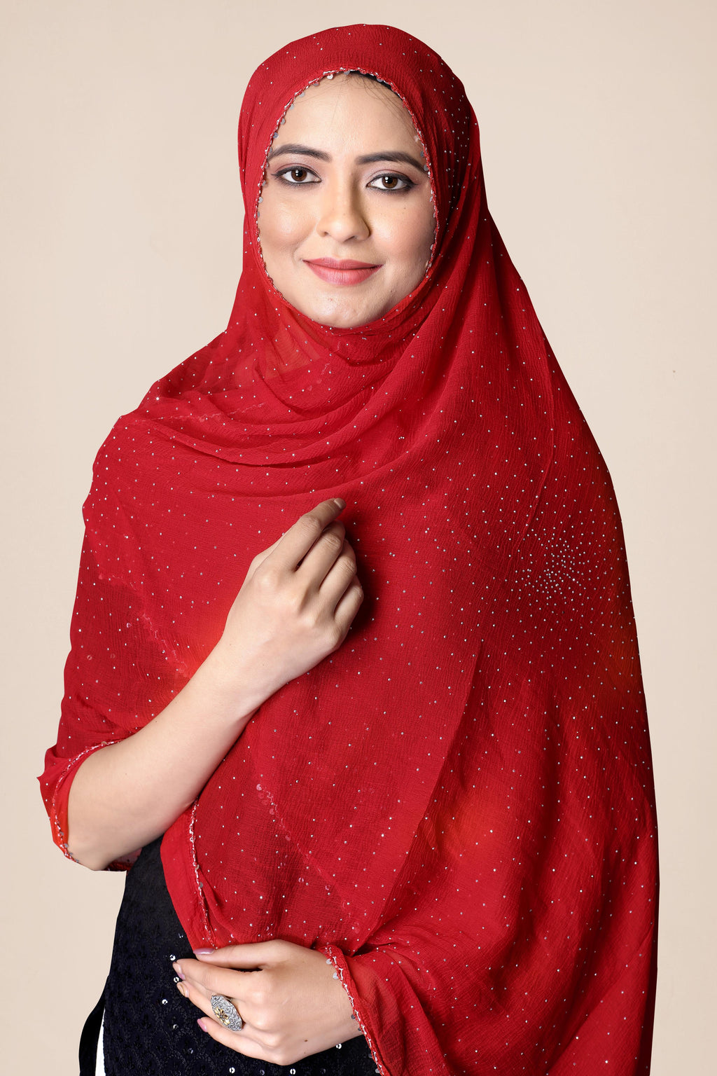 Sparkle Red Premium Chiffon Dupatta | Festive Hijab for Women