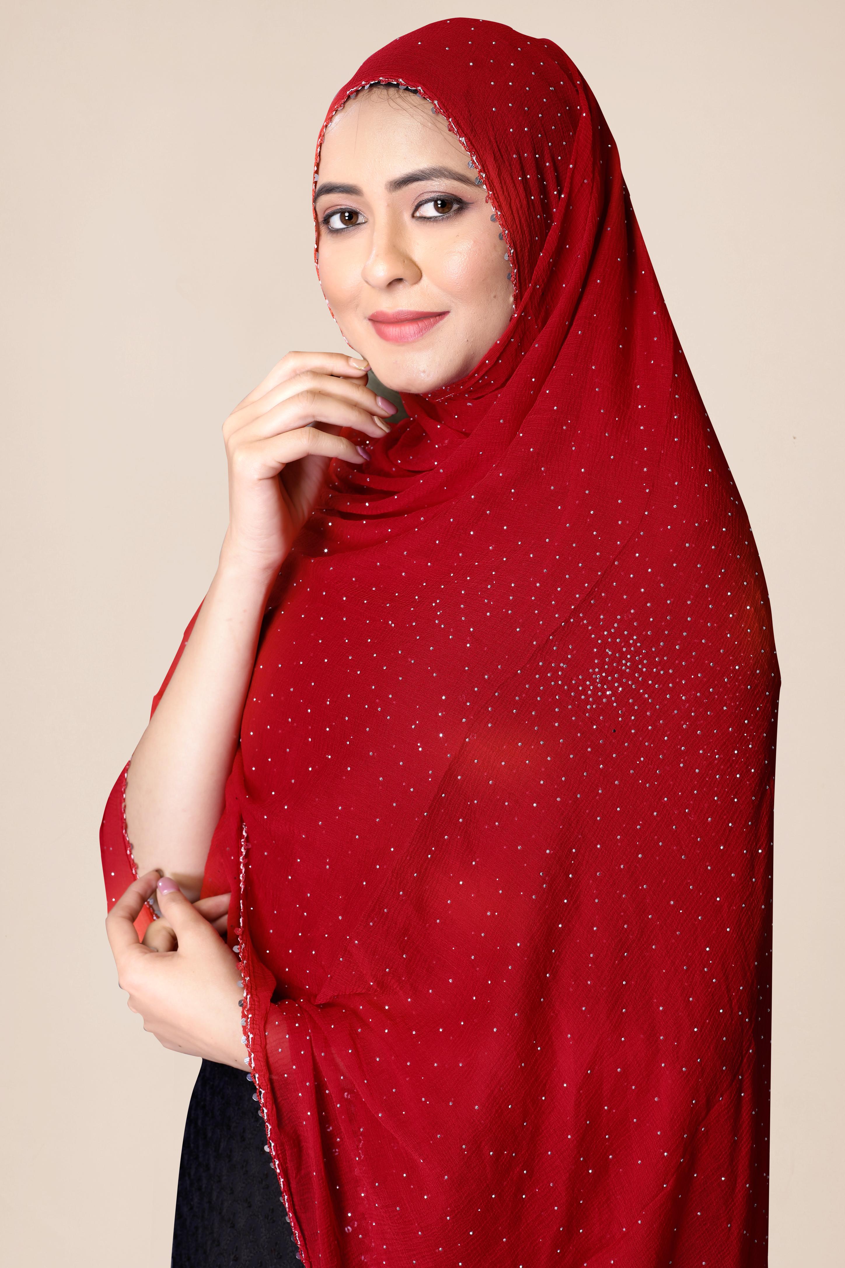Sparkle Red Premium Chiffon Dupatta | Festive Hijab for Women