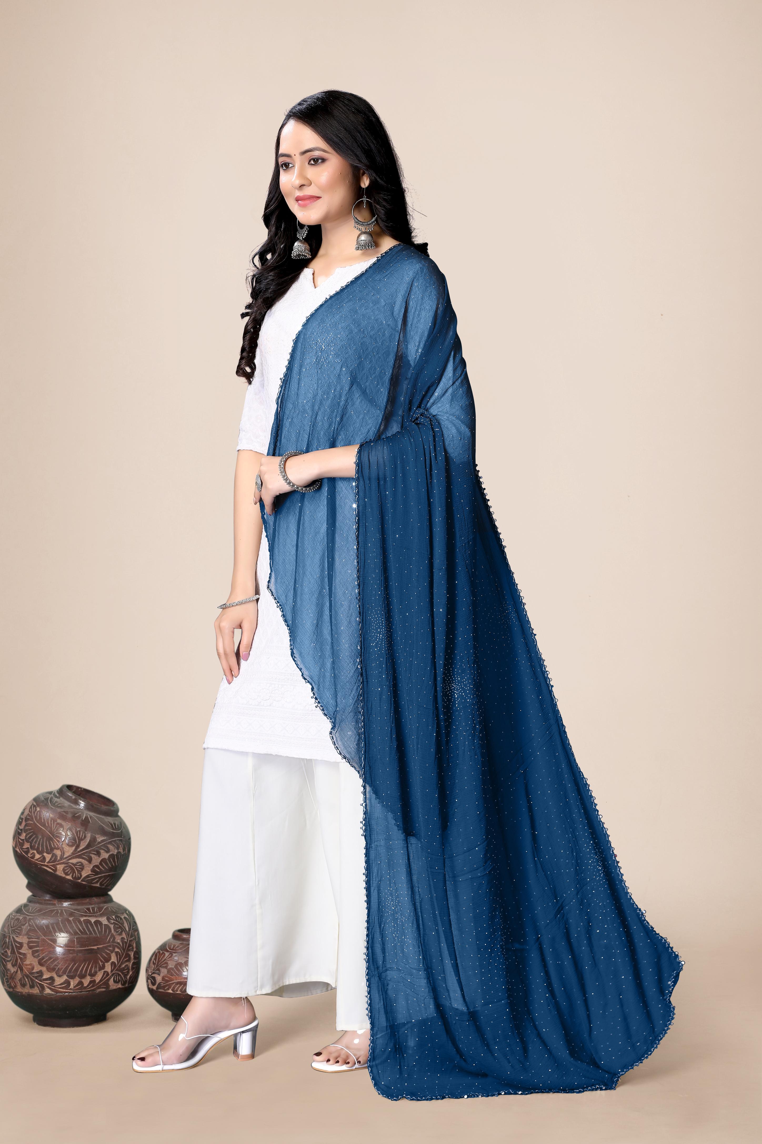 Cerocin Sky Blue Chiffon Dupatta | Soft Glitter Hijab for Women