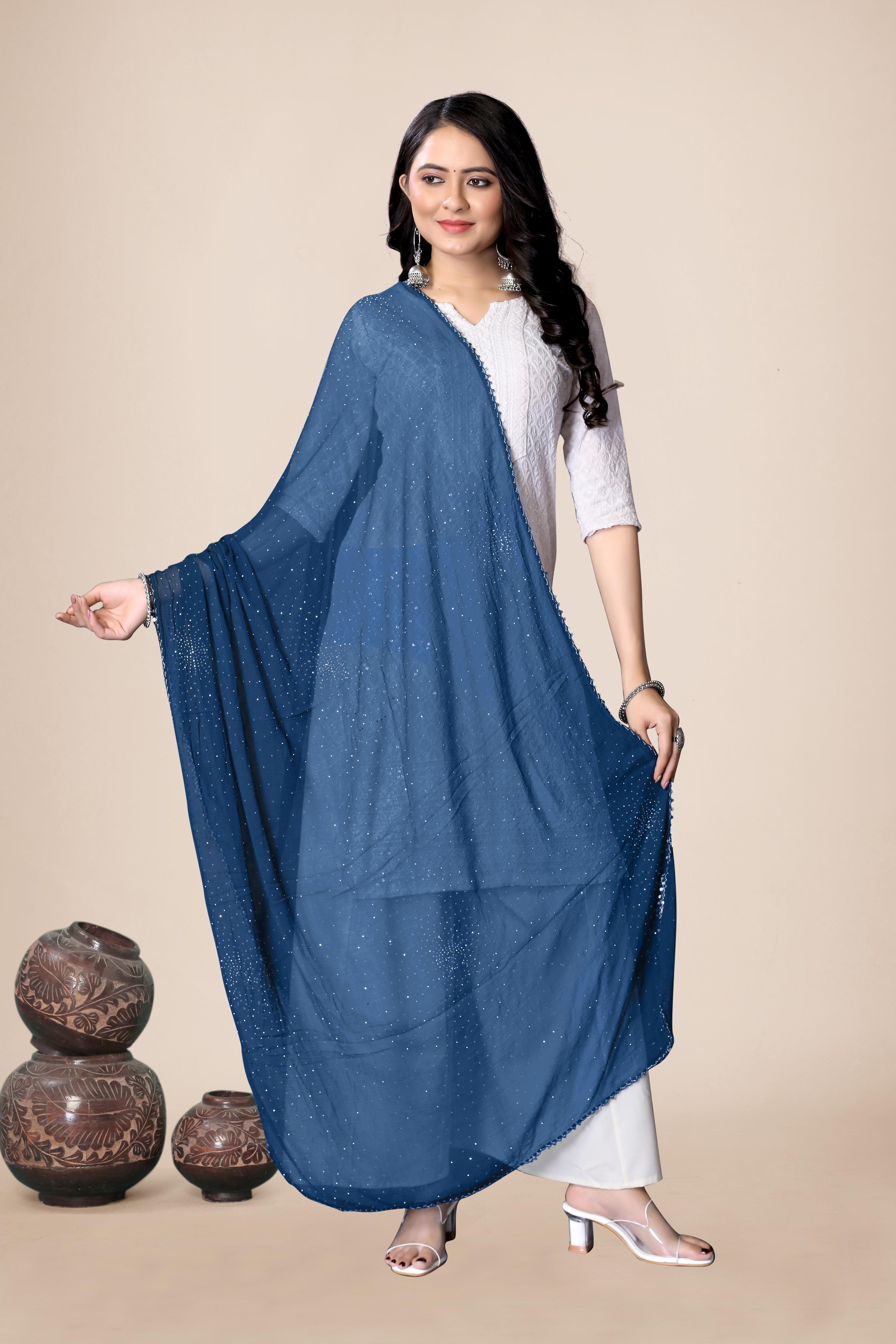 Cerocin Sky Blue Chiffon Dupatta | Soft Glitter Hijab for Women