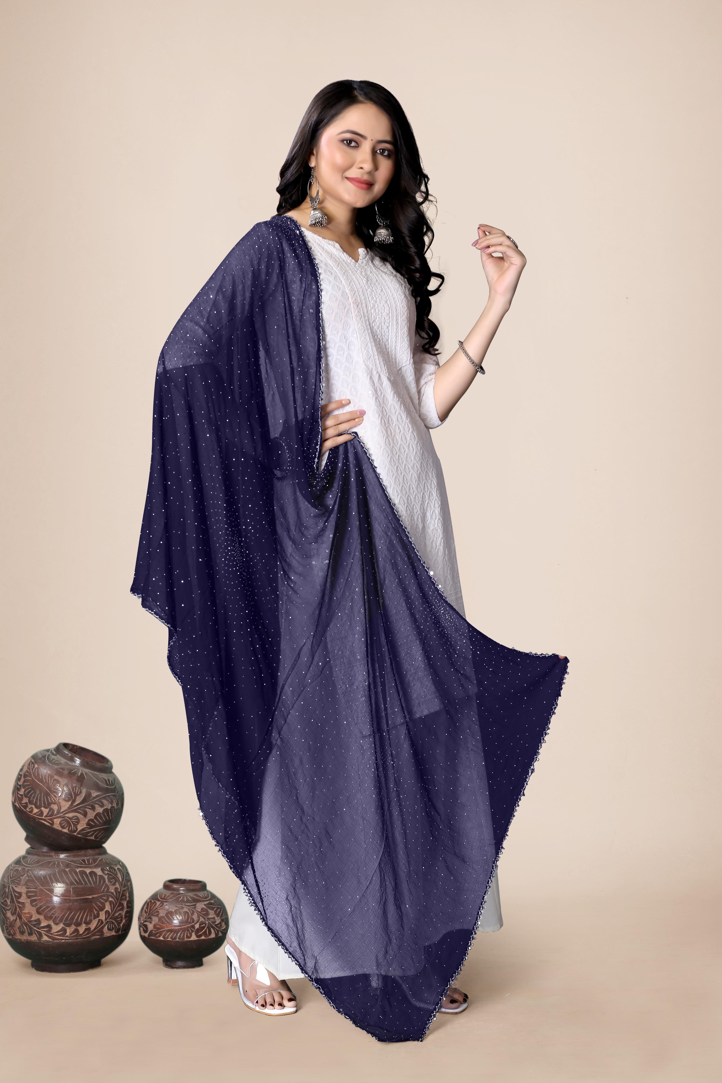 Royal Blue Sparkle Chiffon Dupatta | Elegant Hijab for Festive & Daily Wear
