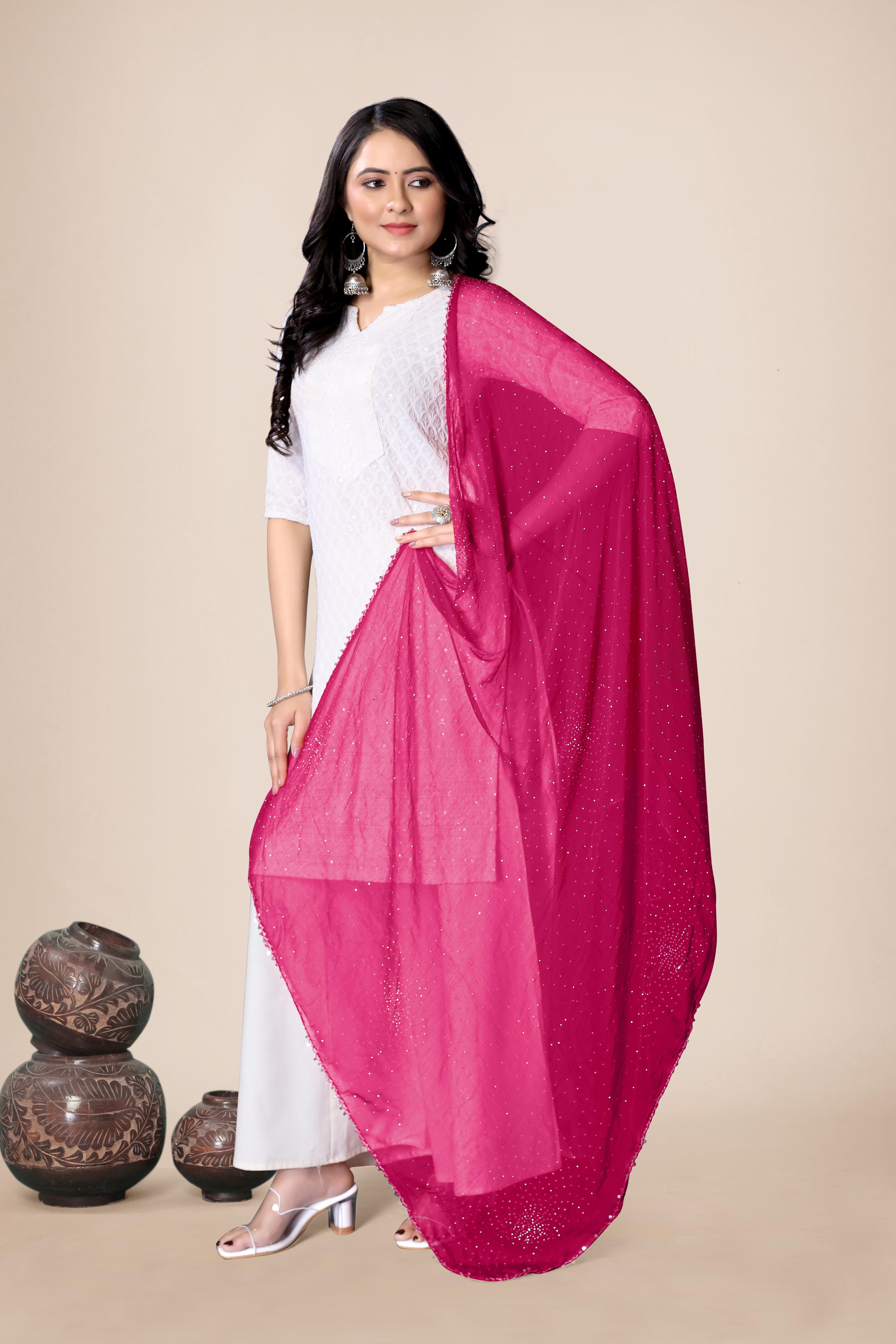 Rani Pink Glitter Chiffon Dupatta | Festive Hijab for Statement Style