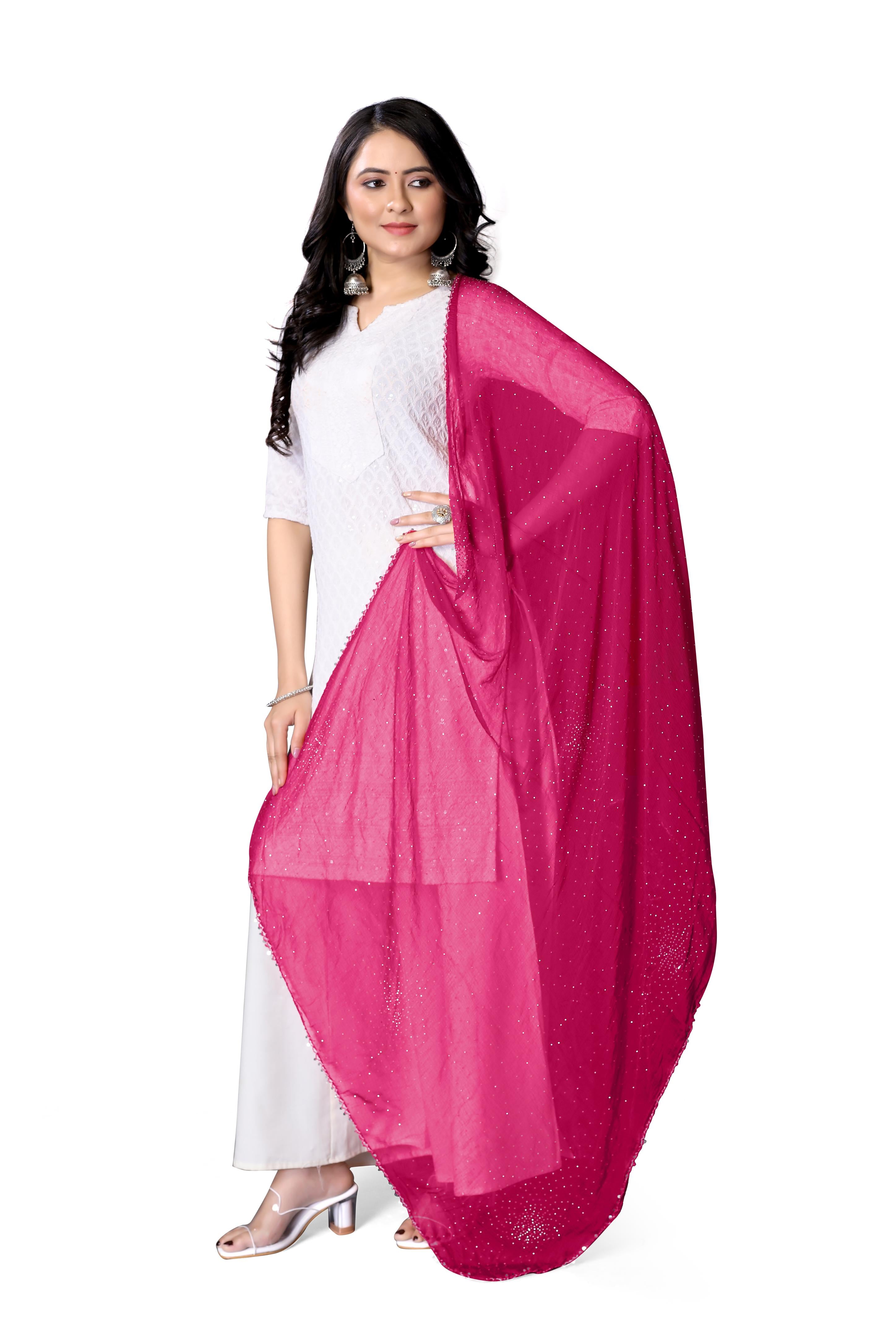 Rani Pink Glitter Chiffon Dupatta | Festive Hijab for Statement Style
