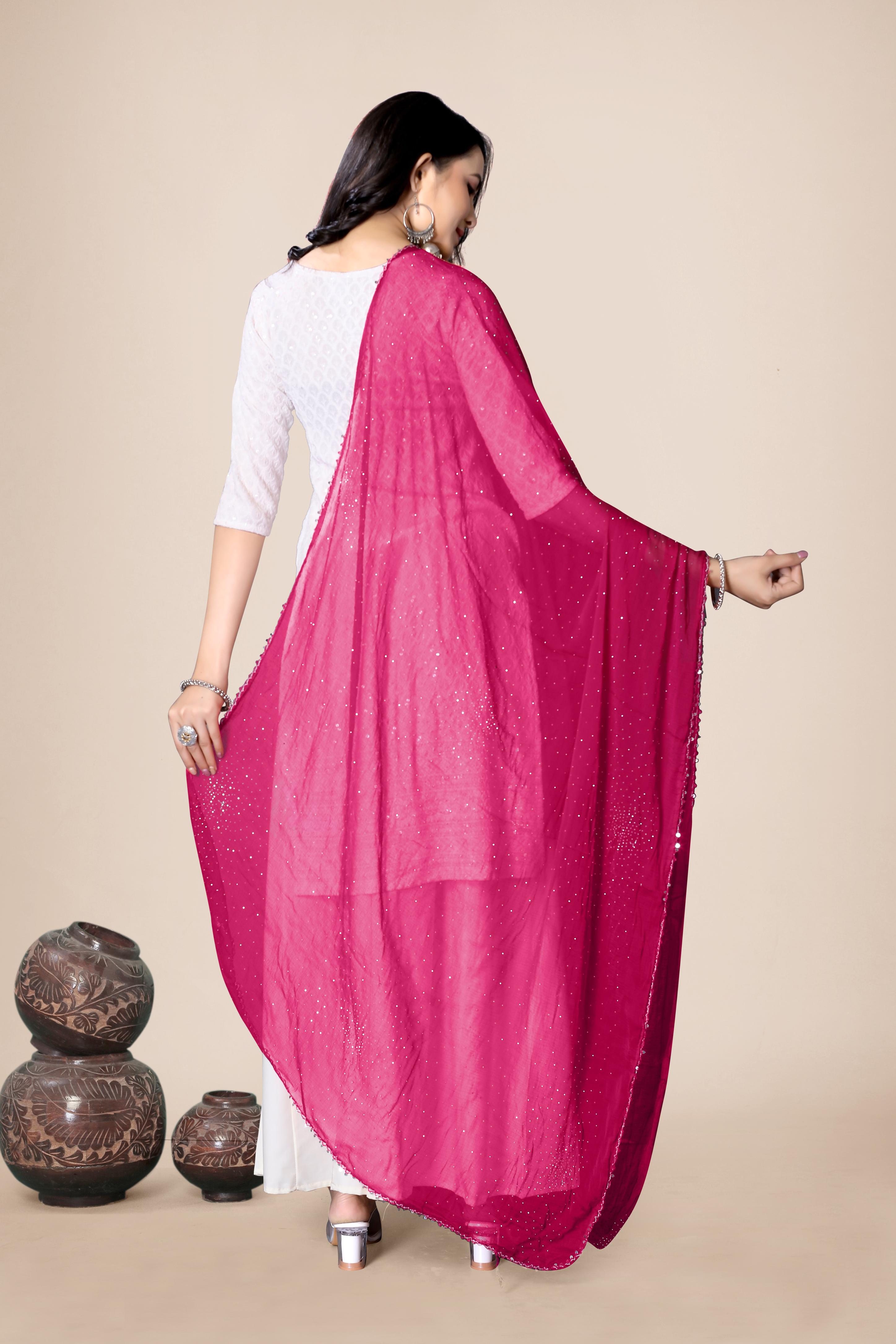 Rani Pink Glitter Chiffon Dupatta | Festive Hijab for Statement Style