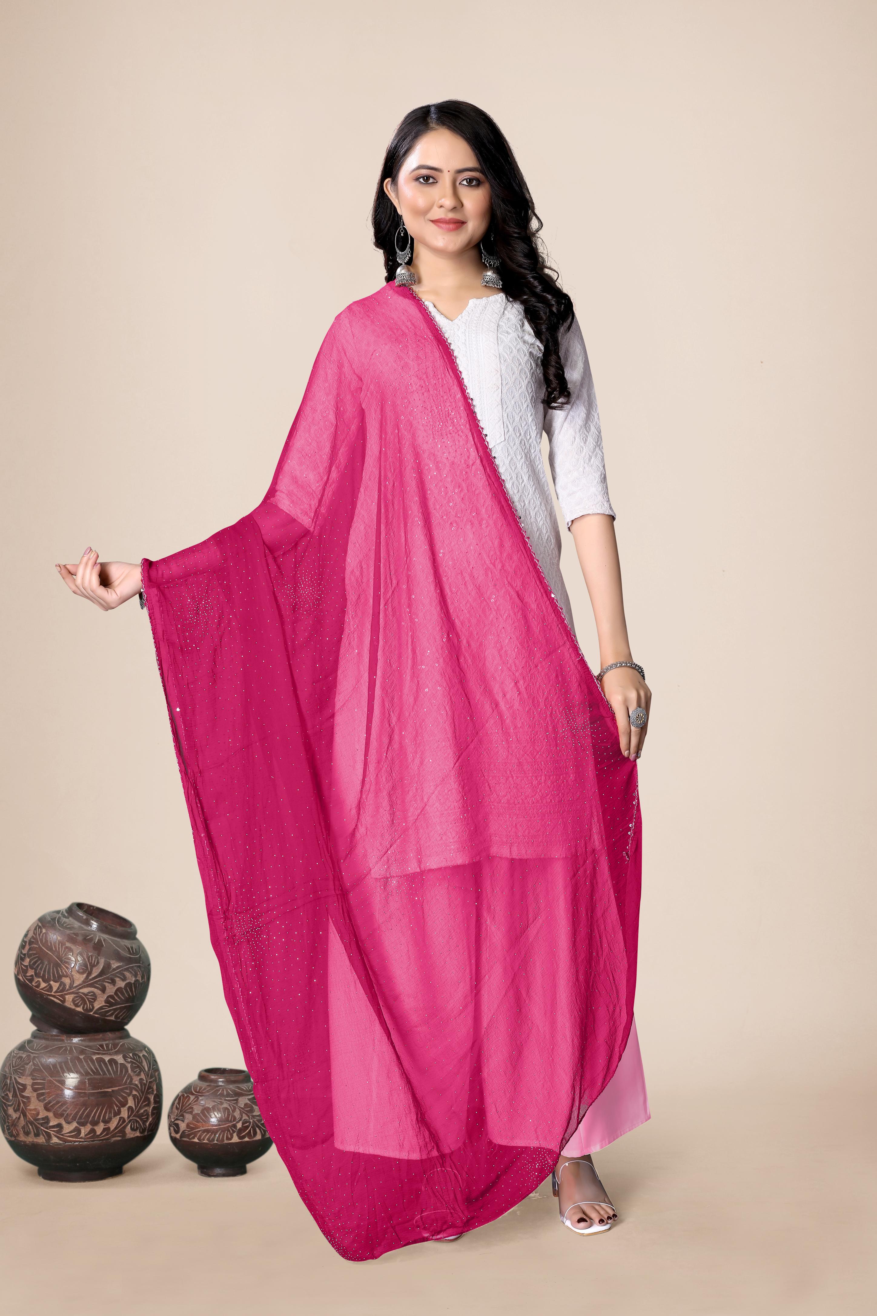 Rani Pink Glitter Chiffon Dupatta | Festive Hijab for Statement Style