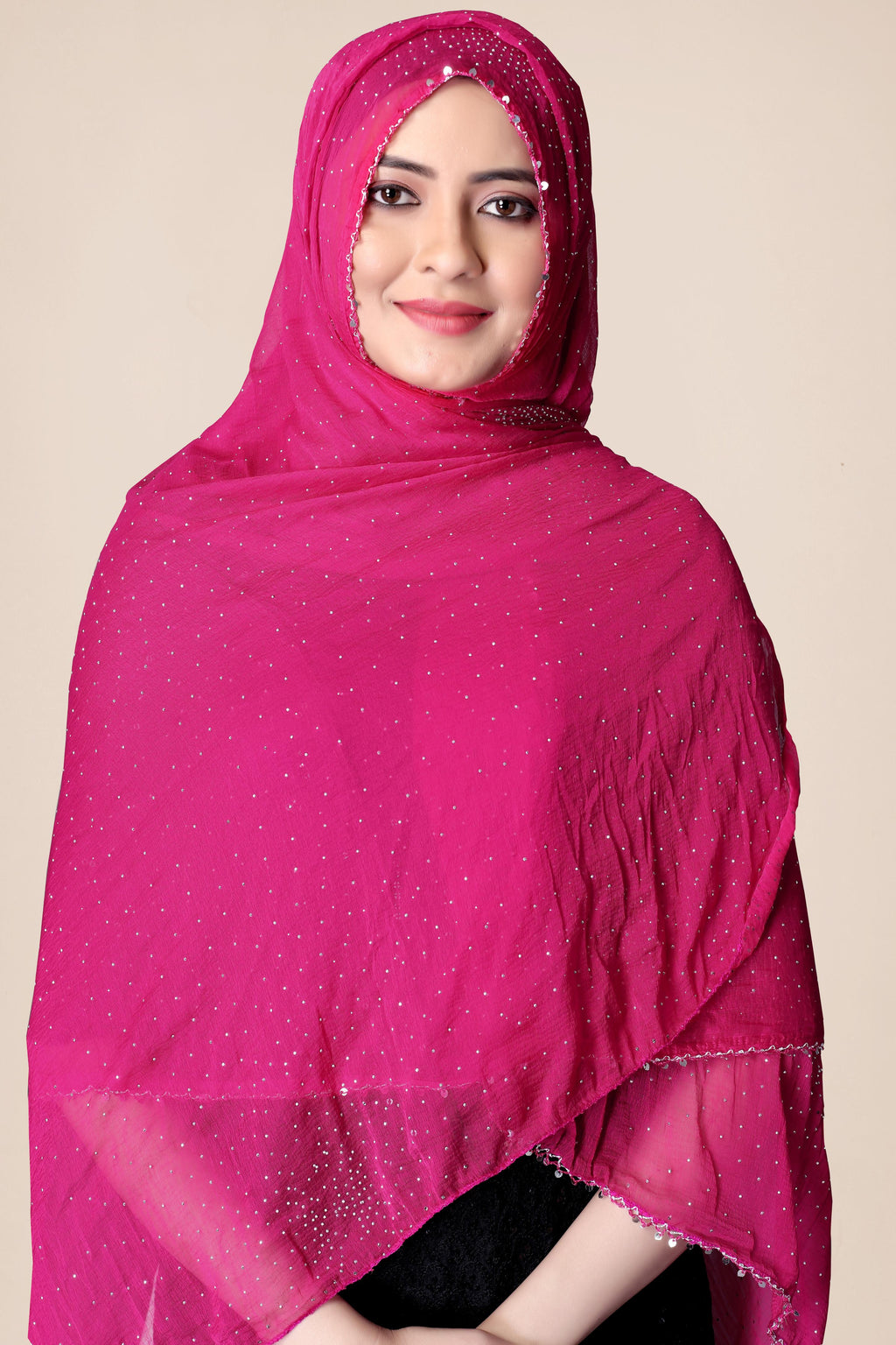 Rani Pink Glitter Chiffon Dupatta | Festive Hijab for Statement Style