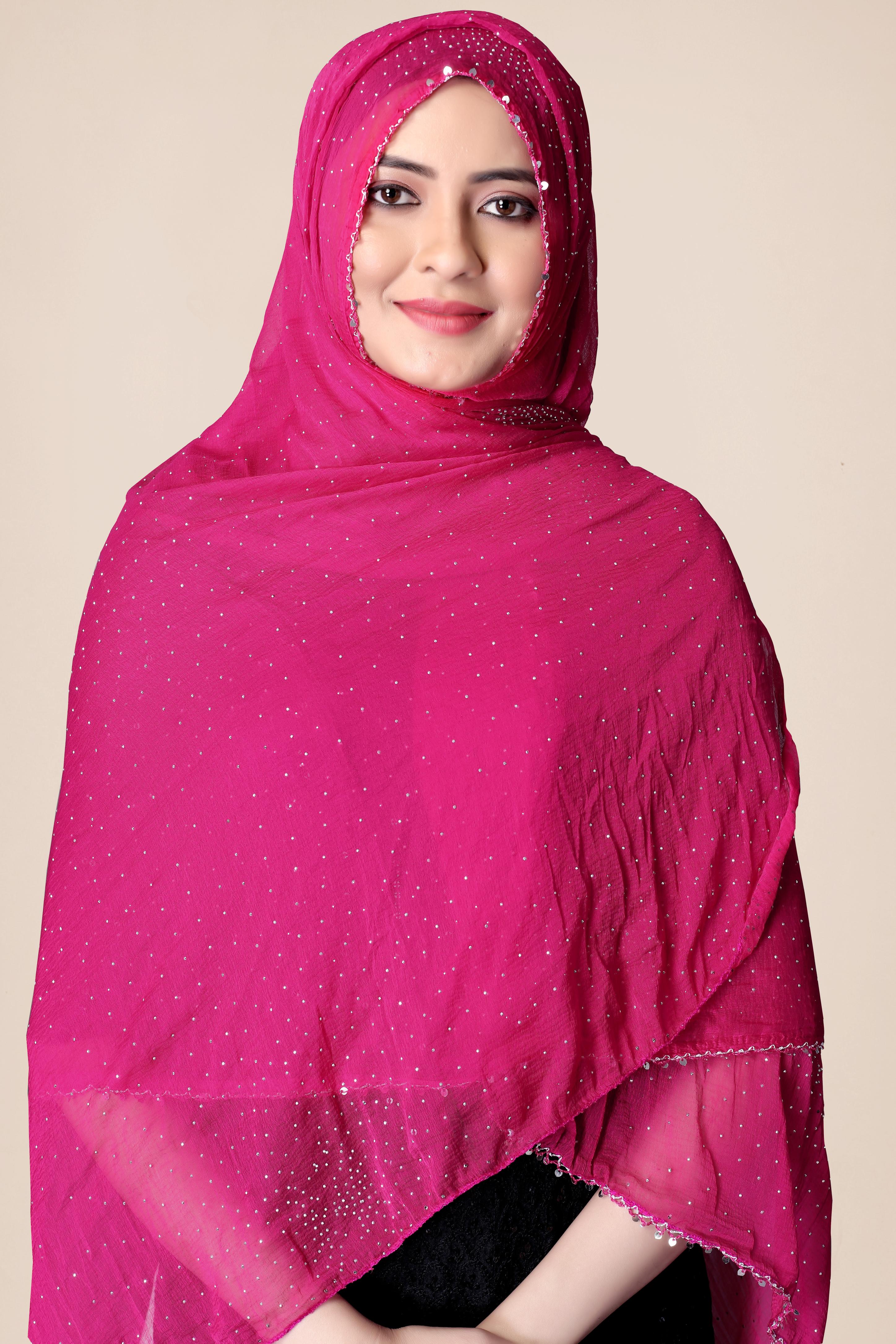 Rani Pink Glitter Chiffon Dupatta | Festive Hijab for Statement Style