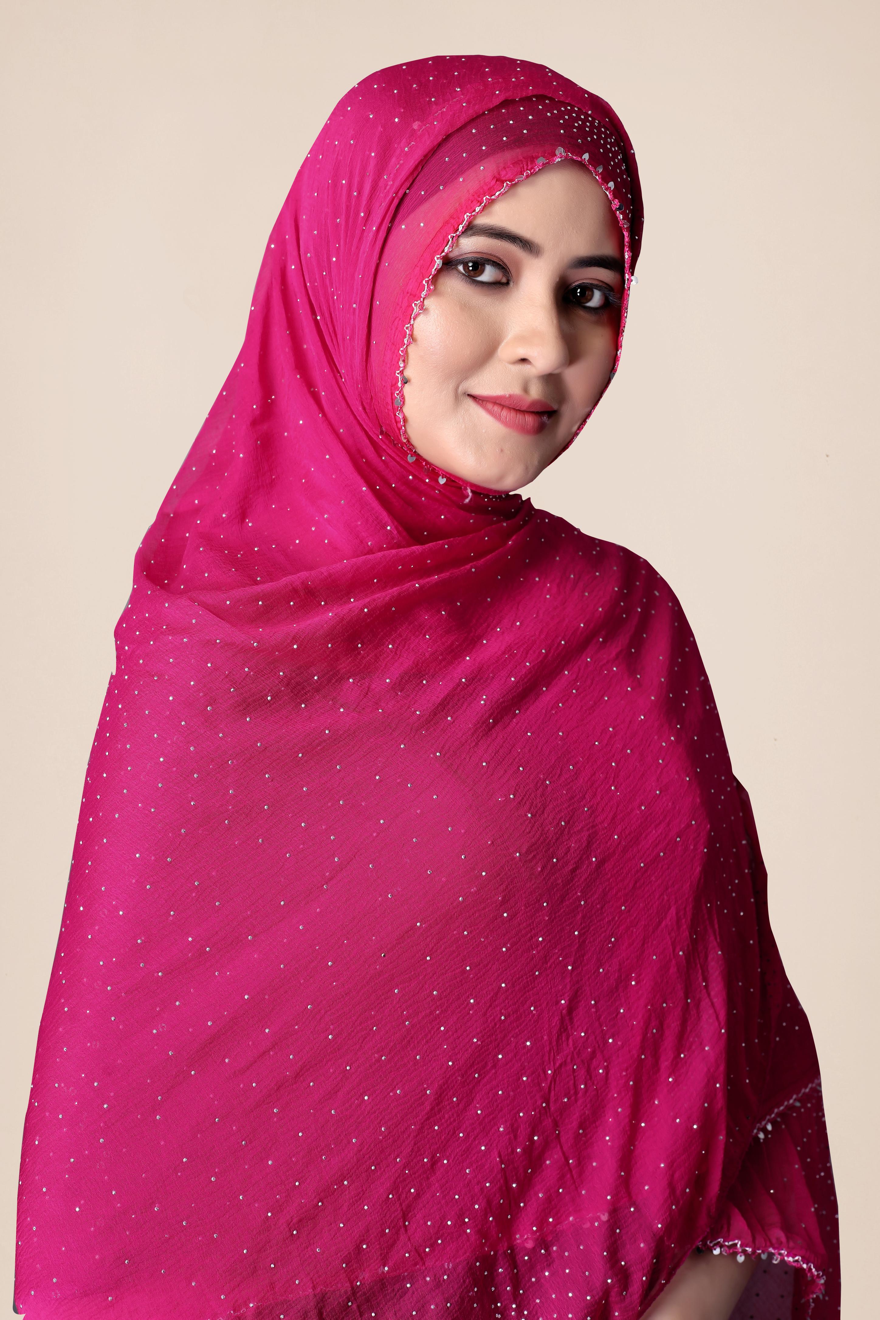 Rani Pink Glitter Chiffon Dupatta | Festive Hijab for Statement Style