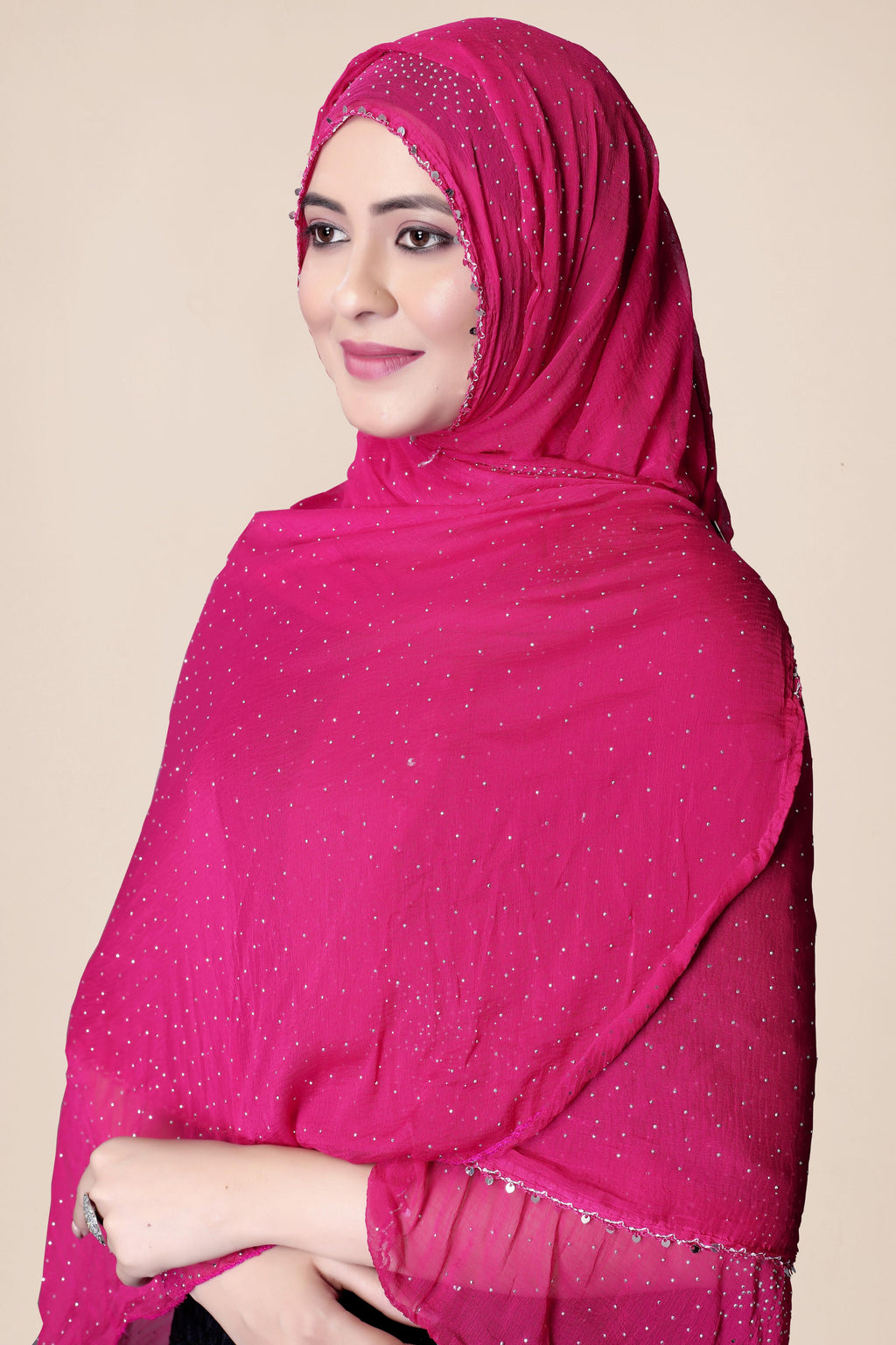 Rani Pink Glitter Chiffon Dupatta | Festive Hijab for Statement Style