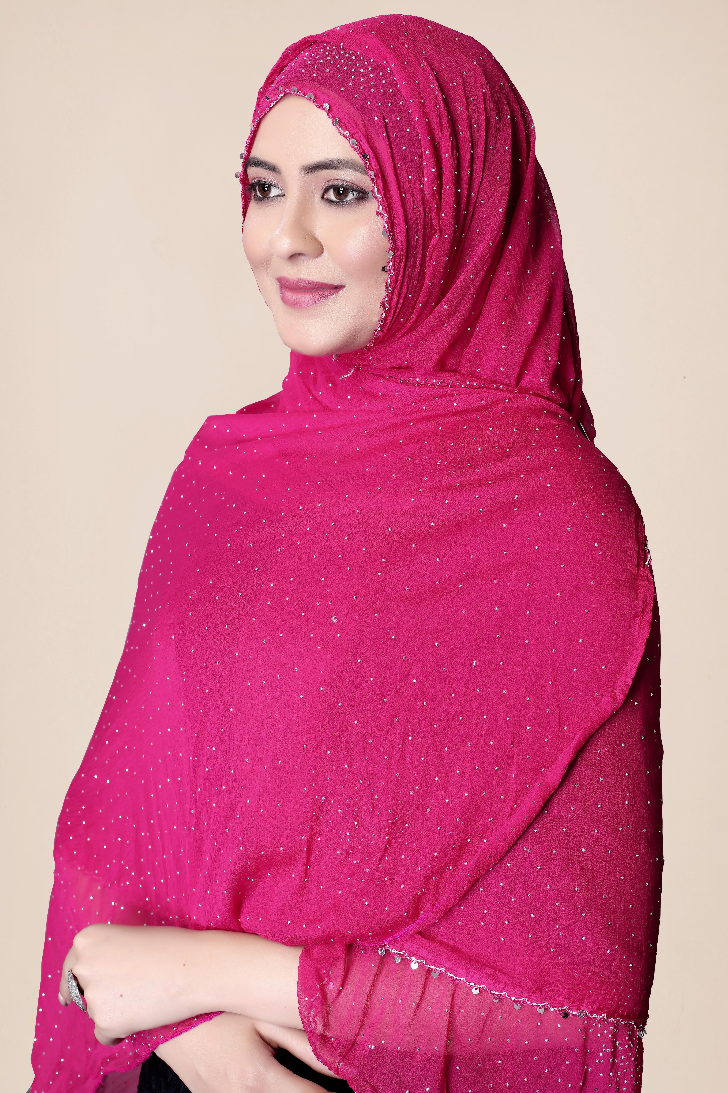 Rani Pink Glitter Chiffon Dupatta | Festive Hijab for Statement Style