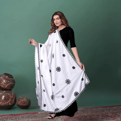 White Cotton Hijab/Dupatta with Black Embroidery | Soft & Sophisticated Look
