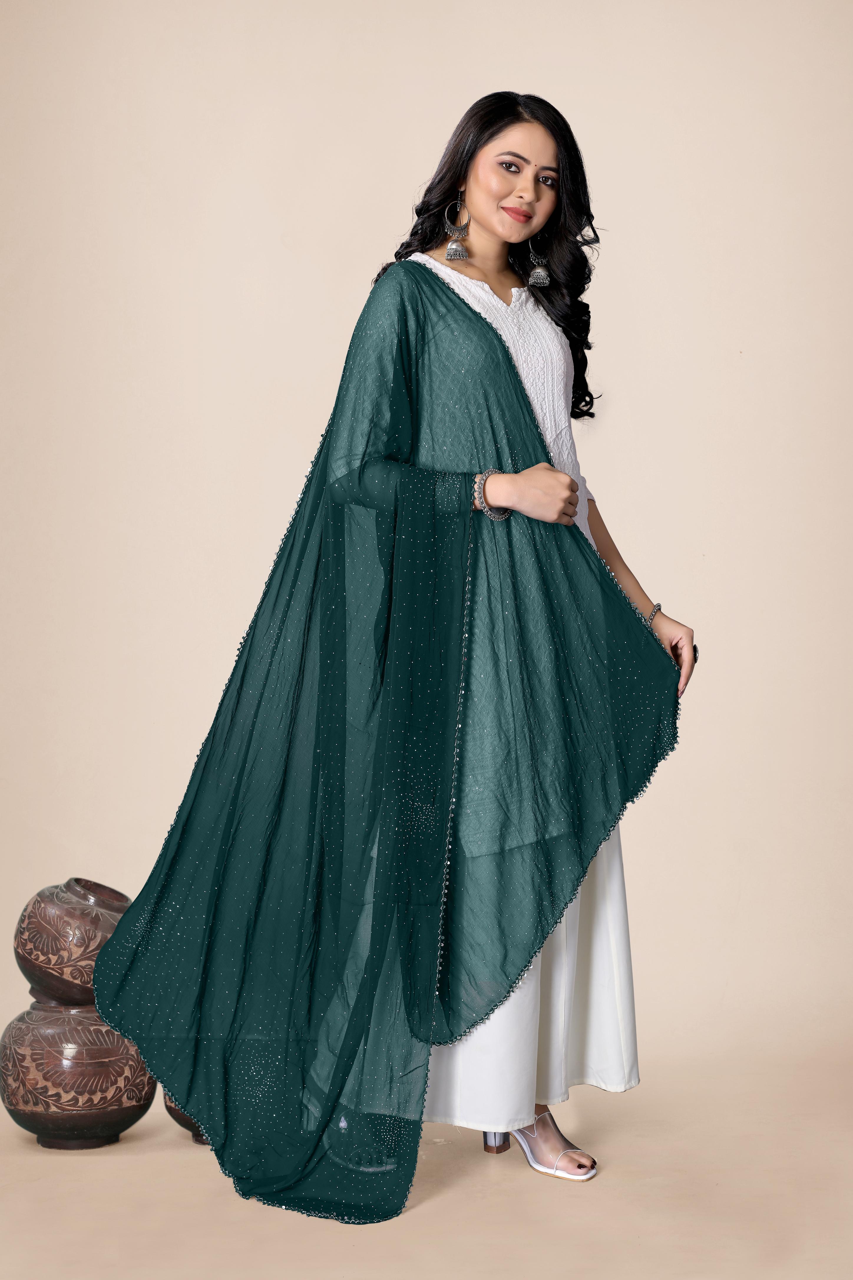 Emerald Green Glitter Chiffon Dupatta | Partywear Hijab Scarf