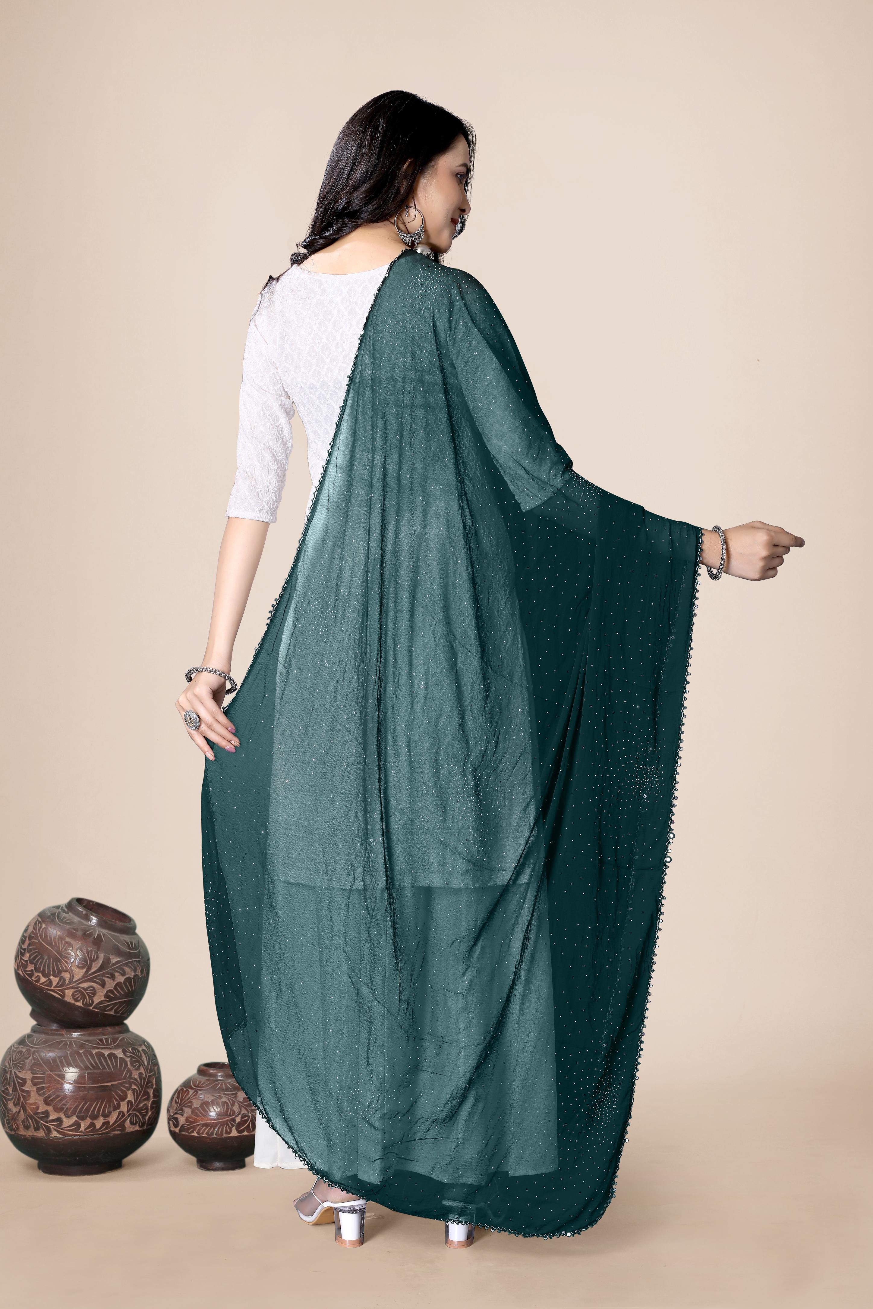 Emerald Green Glitter Chiffon Dupatta | Partywear Hijab Scarf