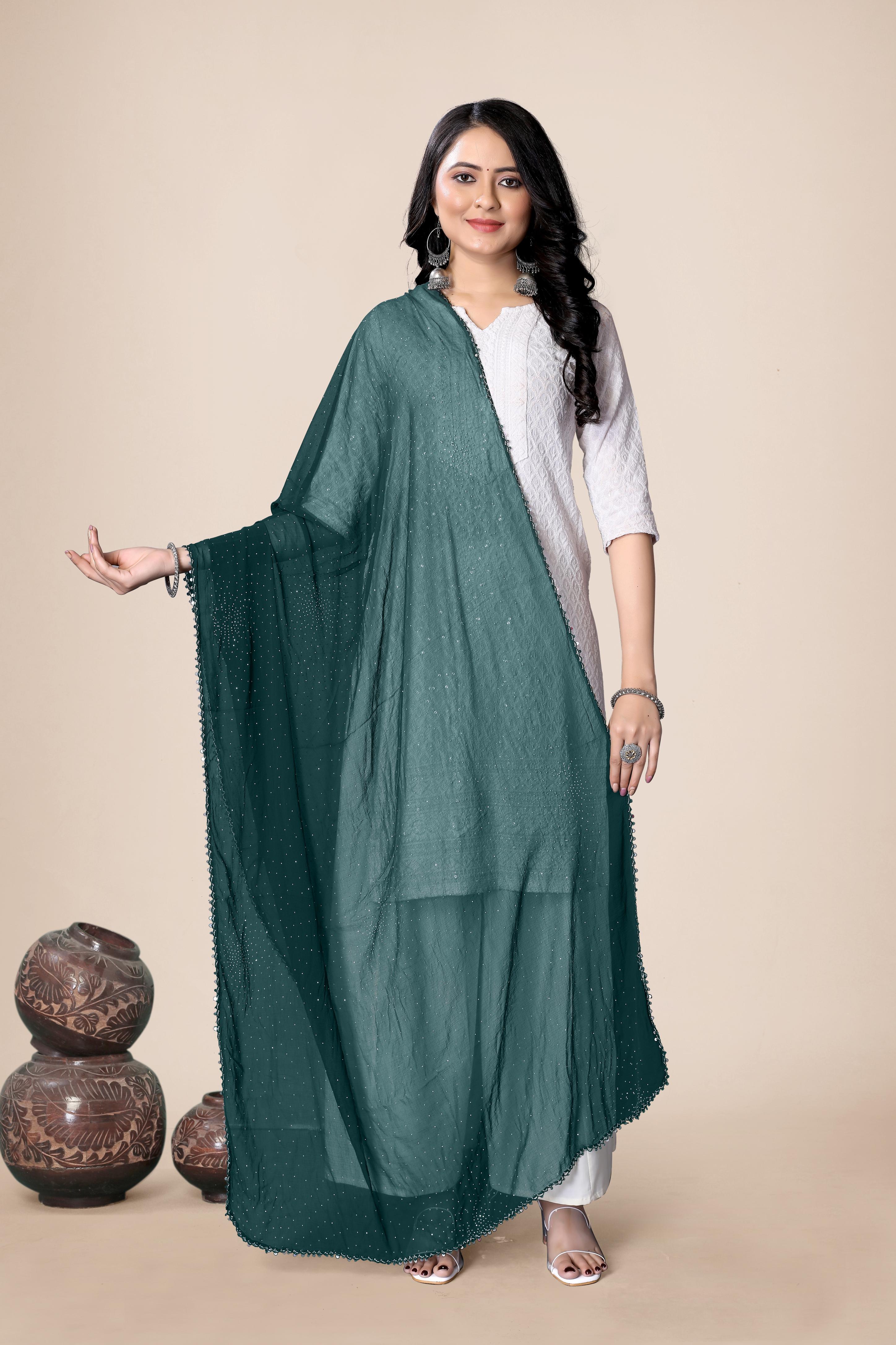 Emerald Green Glitter Chiffon Dupatta | Partywear Hijab Scarf