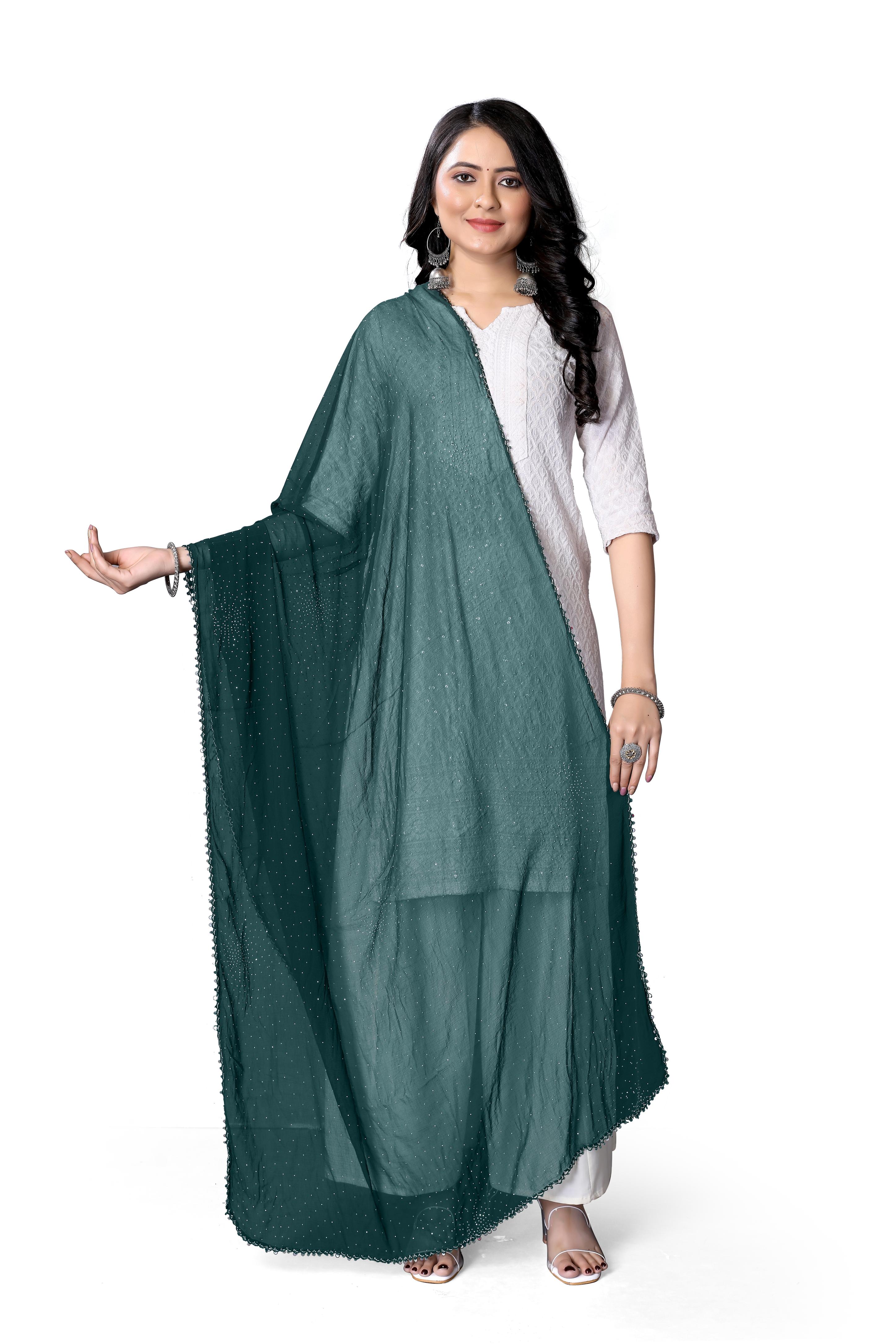 Emerald Green Glitter Chiffon Dupatta | Partywear Hijab Scarf