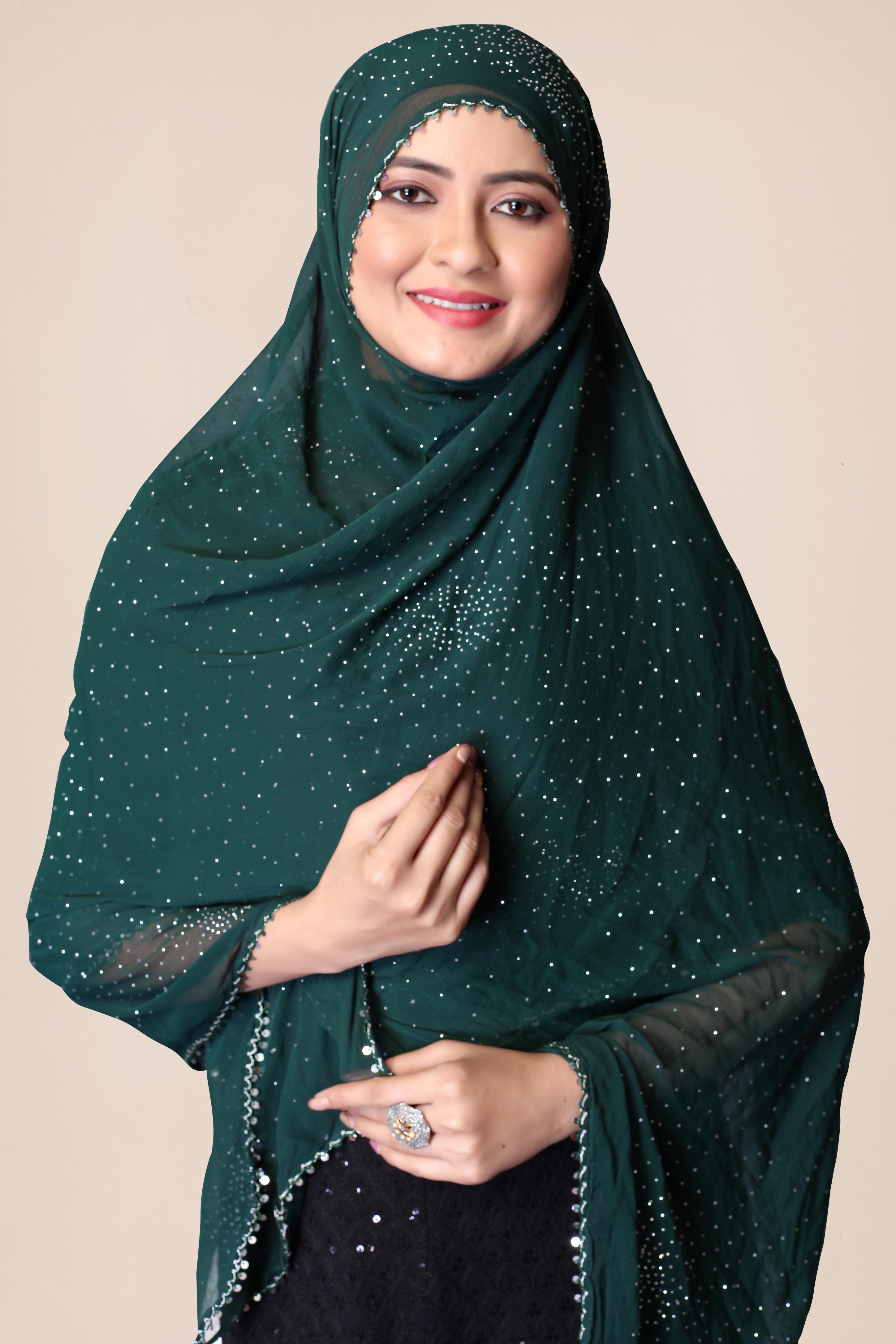 Emerald Green Glitter Chiffon Dupatta | Partywear Hijab Scarf