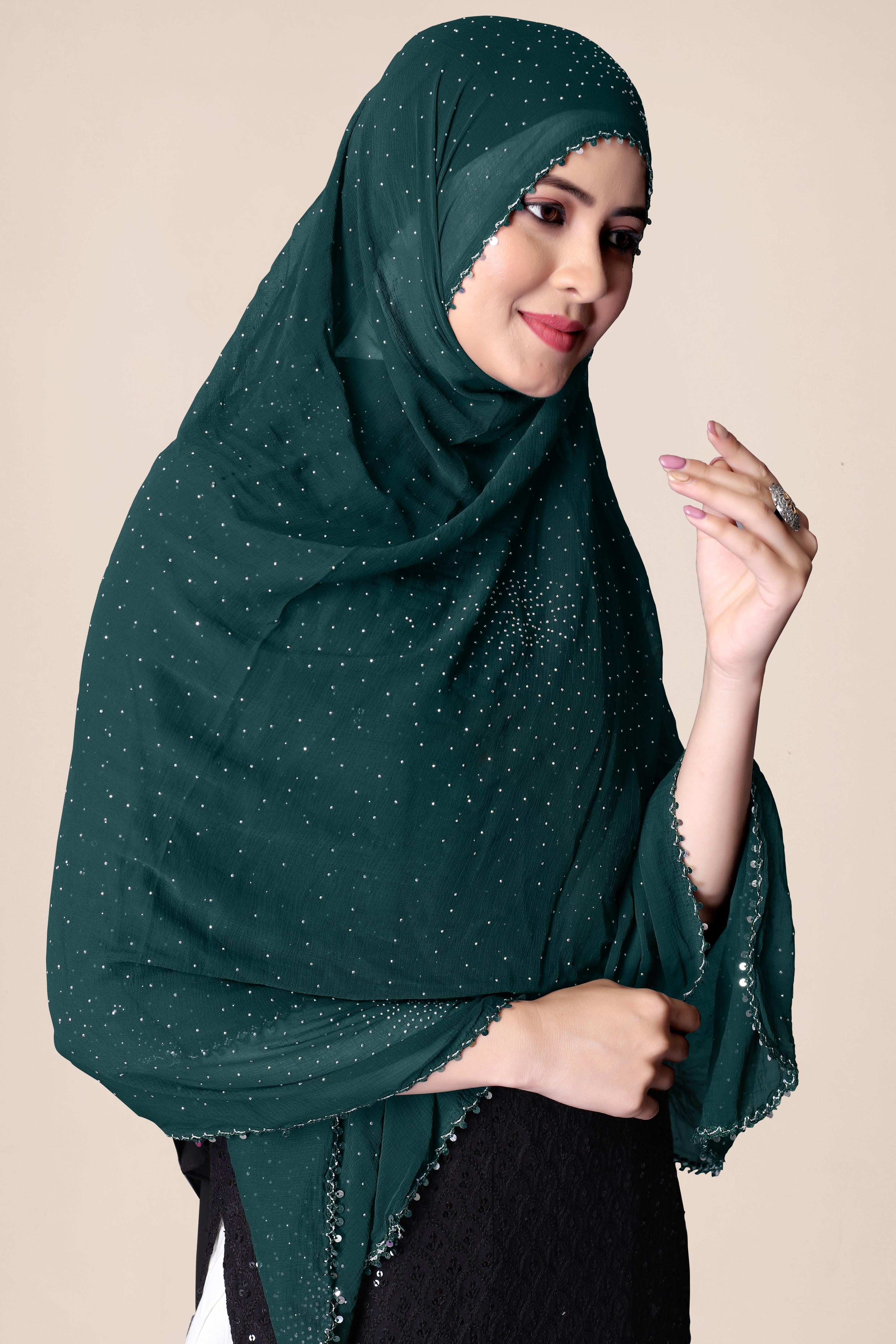 Emerald Green Glitter Chiffon Dupatta | Partywear Hijab Scarf