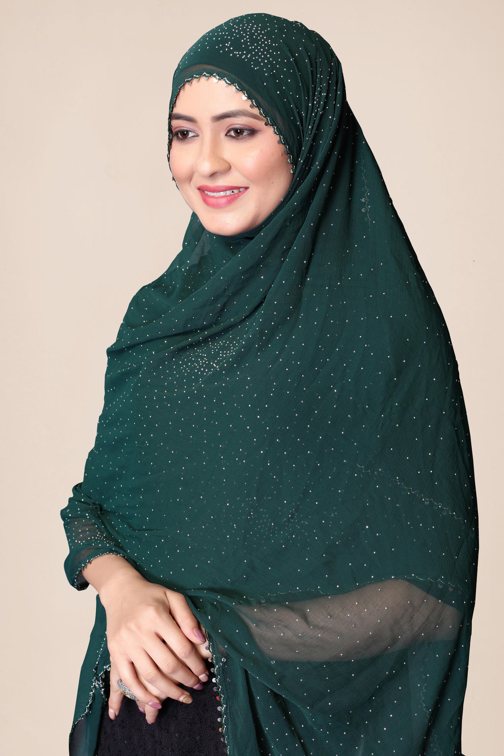 Emerald Green Glitter Chiffon Dupatta | Partywear Hijab Scarf