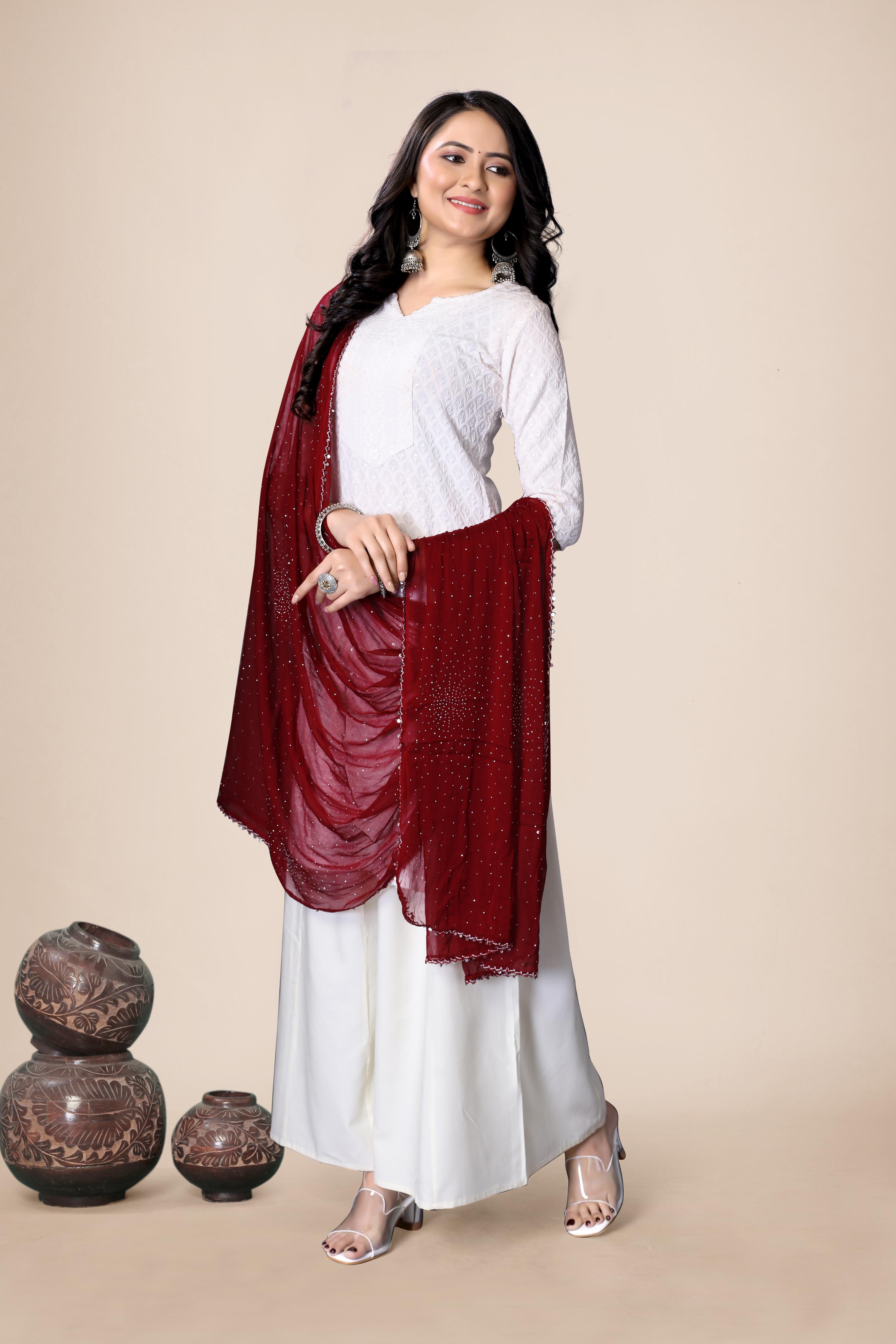 Deep Maroon Partywear Chiffon Dupatta | Shimmer Hijab for Ethnic Looks